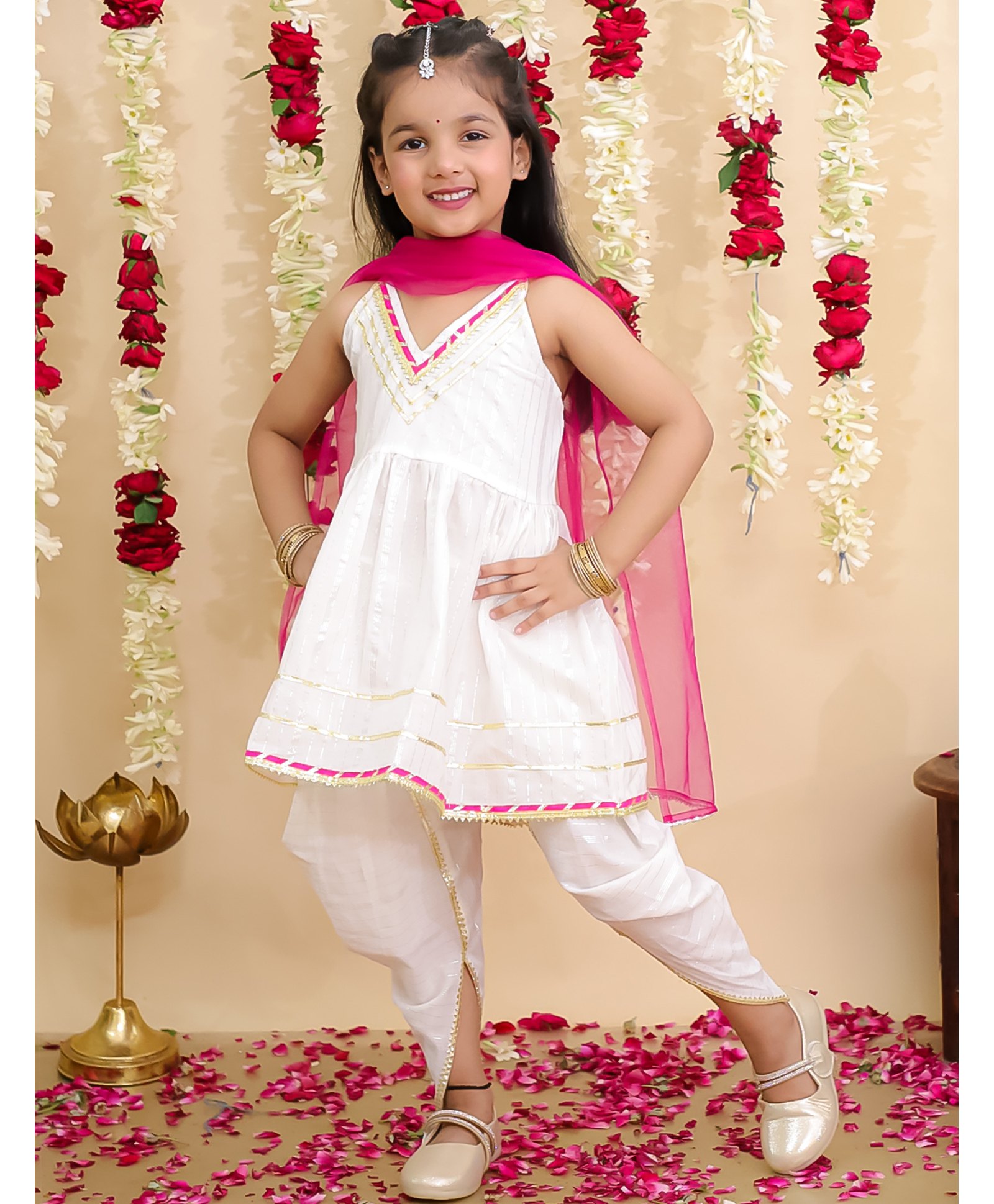 BownBee Pure Cotton Woven Sleeveless Glitter Striped & Gota Lace Embellished Kurti & Dhoti With Dupatta Set - White-picture-28