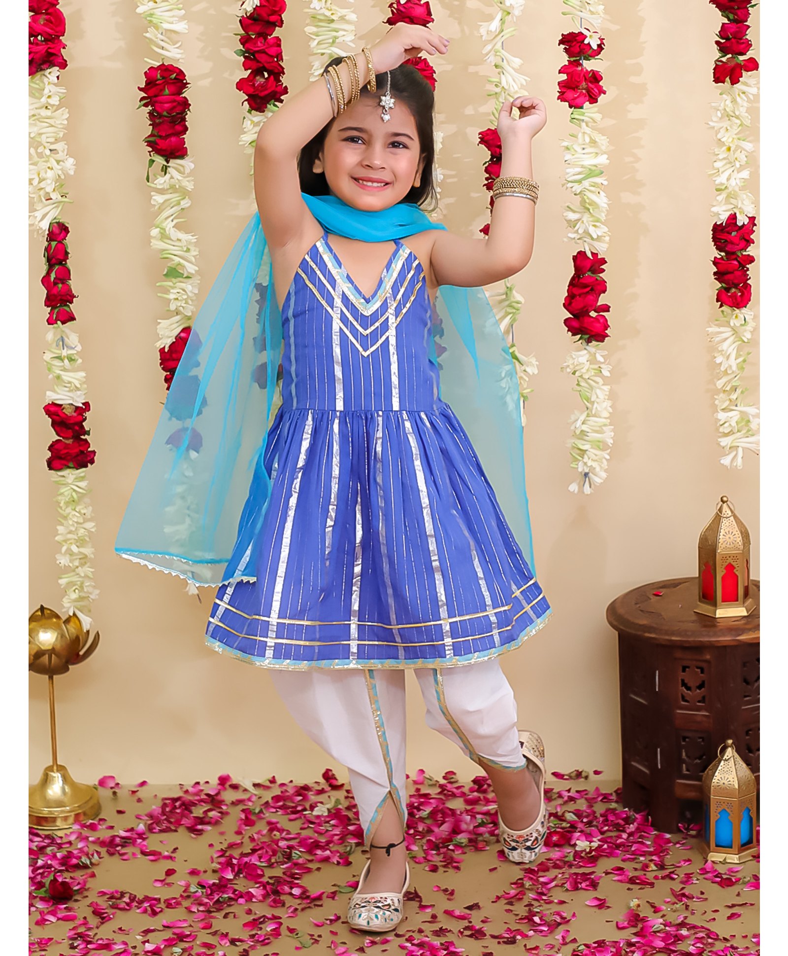 BownBee Pure Cotton Woven Sleeveless Foil Striped & Gota Lace Embellished Kurti Dhoti & Dupatta Set - Blue-picture-27