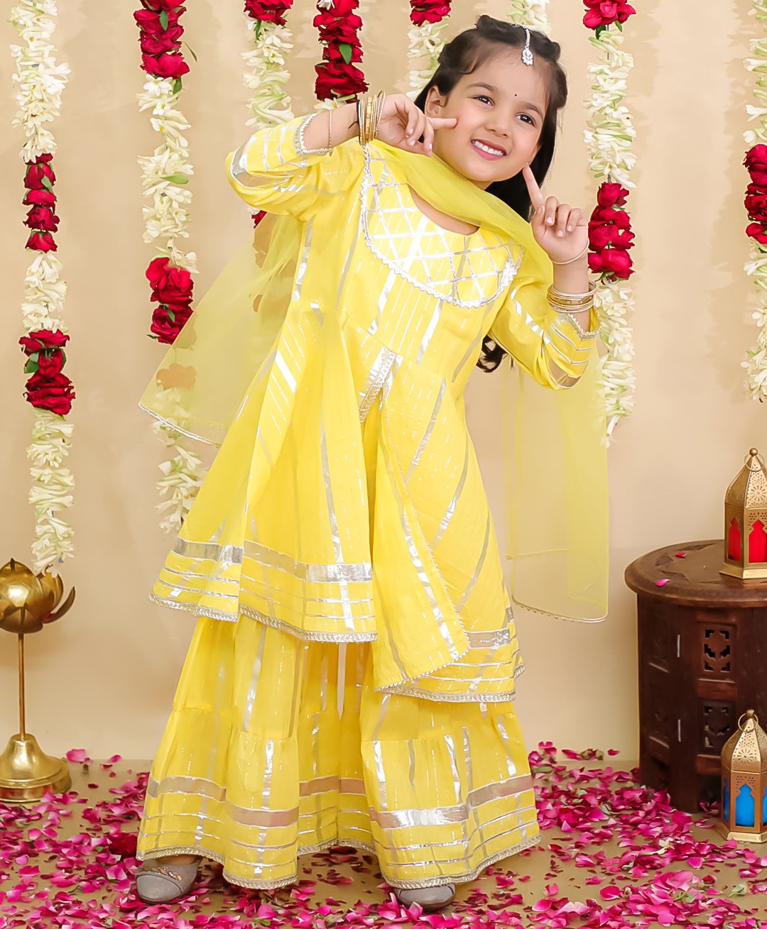 BownBee Pure Cotton Lurex Woven Three Fourth Sleeves Foil Striped Gota Lace Embellished Coordinating Kurti Sharara With Dupatta Set - Yellow-picture-28