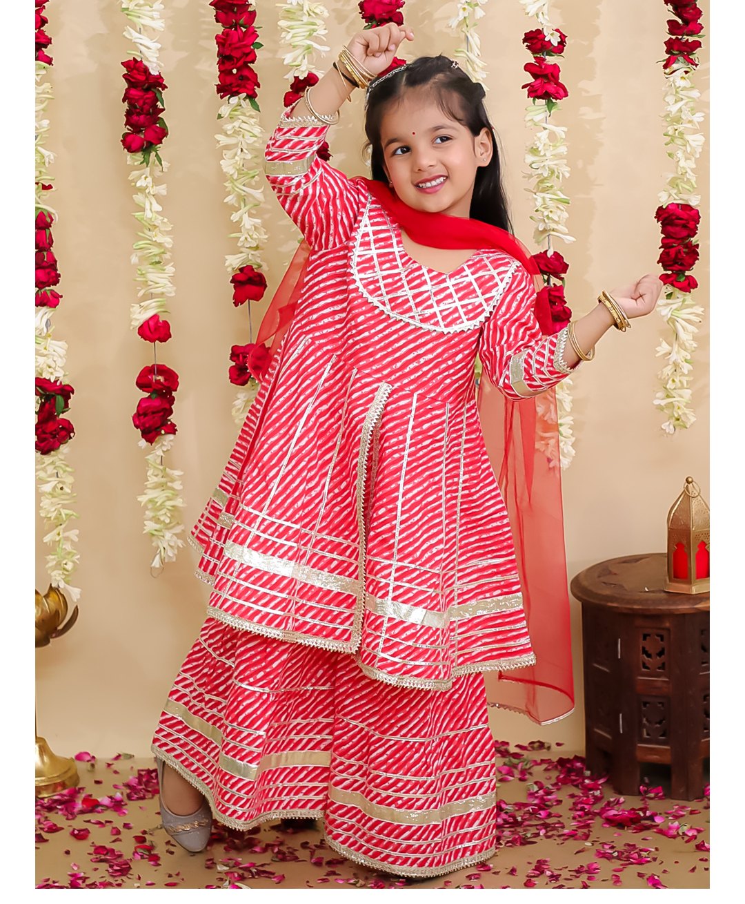 BownBee Pure Cotton Lurex Woven Three Fourth Sleeves Leheriya Printed Gota Lace Embellished Coordinating Kurti Sharara With Dupatta Set - Red-picture-25