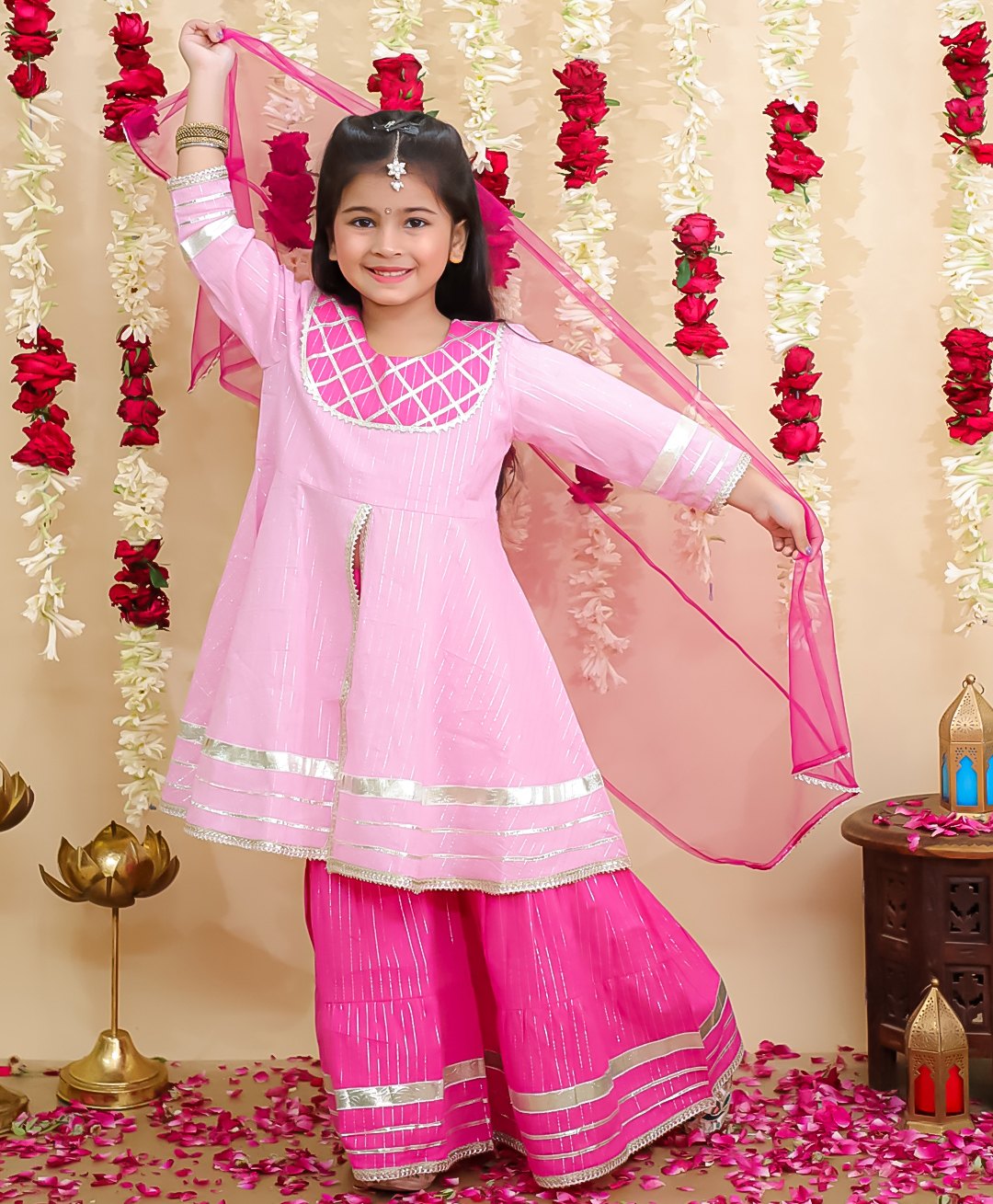 BownBee Pure Cotton Lurex Woven Three Fourth Sleeves Foil Striped Gota Lace Embellished Coordinating Kurti Sharara With Dupatta Set - Pink-picture-27