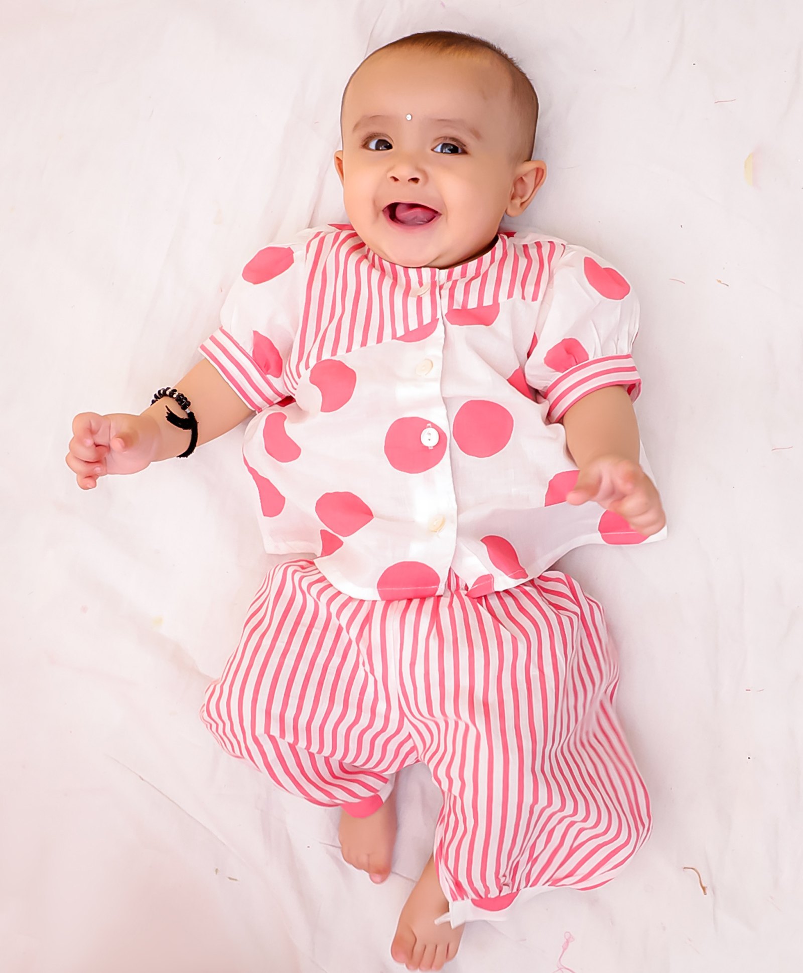 BownBee Pure Cotton Woven Half Puffed Sleeves Polka Dots Printed Top & Harem Pants - White & Pink-image-11
