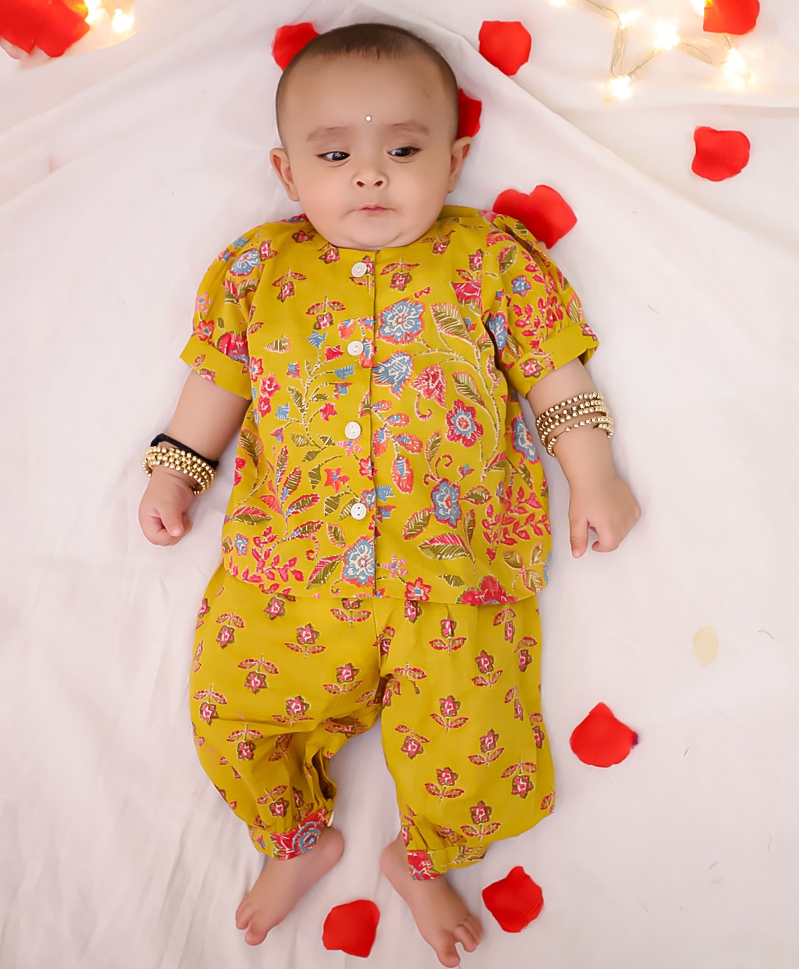 BownBee Pure Cotton Woven Half Sleeves Floral Printed Top & Harem Pants - Yellow-image-3