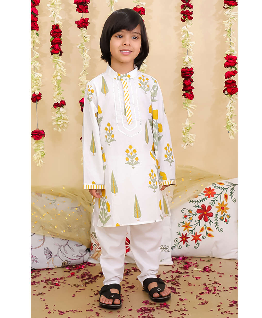 BownBee Pure Cotton Woven Full Sleeves Hand Block Floral Printed Kurta & Pyjama Set - Yellow-picture-23