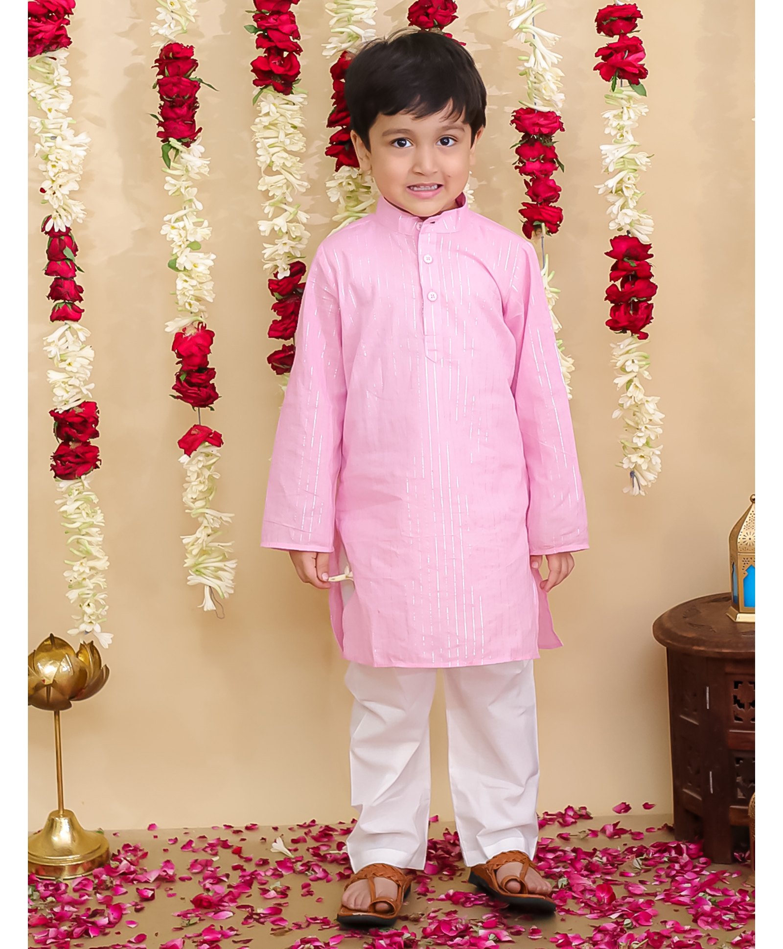 BownBee Pure Cotton Woven Full Sleeves Foil Striped Kurta Pyjama - Pink-image-26