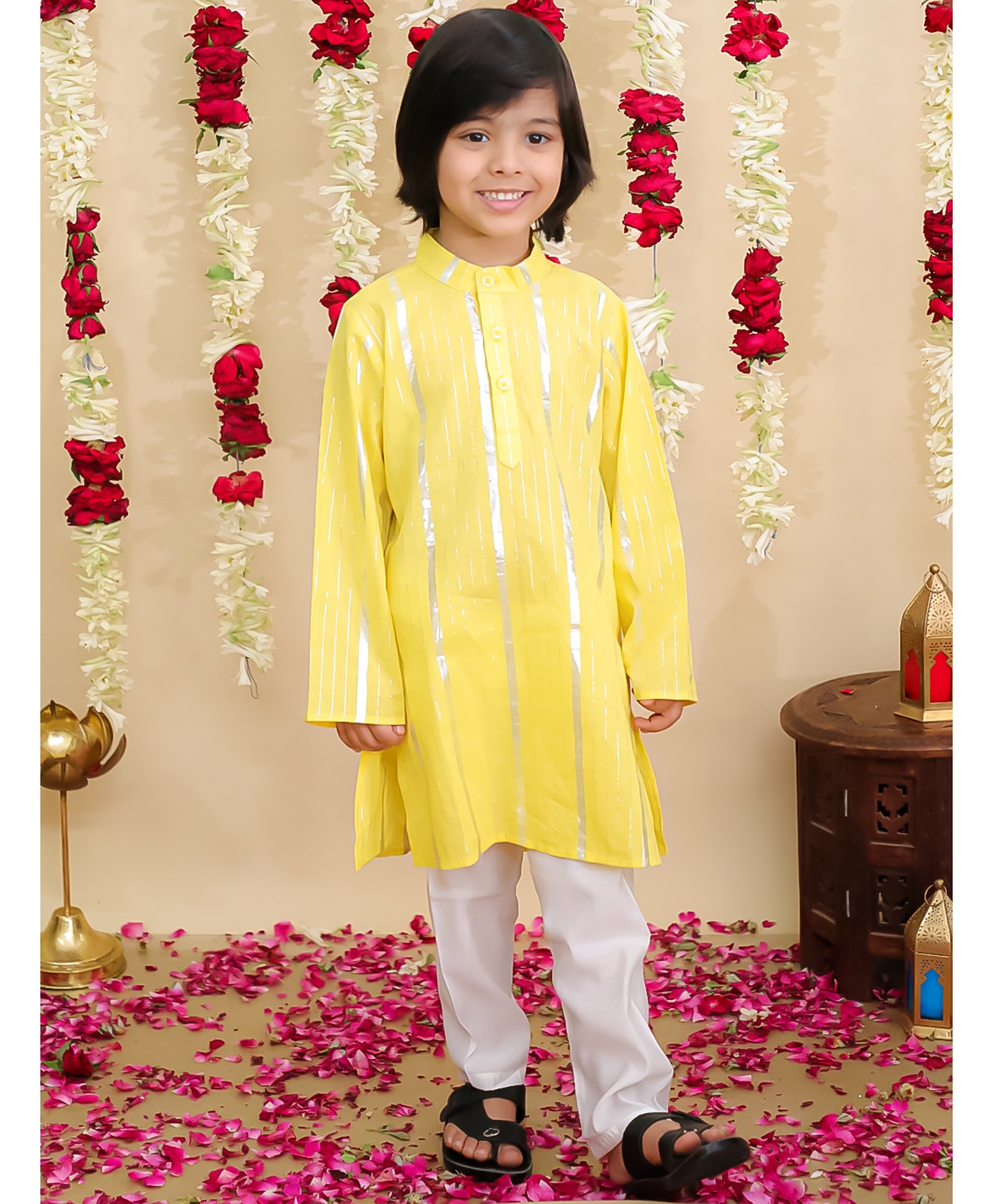 BownBee Pure Cotton Woven Full Sleeves Foil Striped Kurta Pyjama - Yellow-picture-23