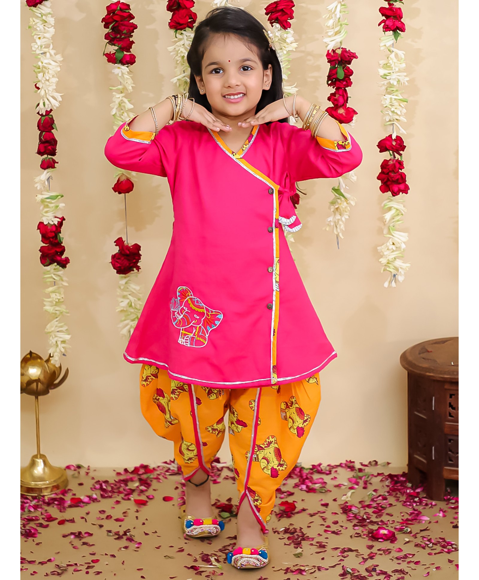 BownBee Pure Cotton Woven Three Fourth Sleeves Elephant Embroidered Gota Lace Embellished Kurti Dhoti Set - Pink-picture-23