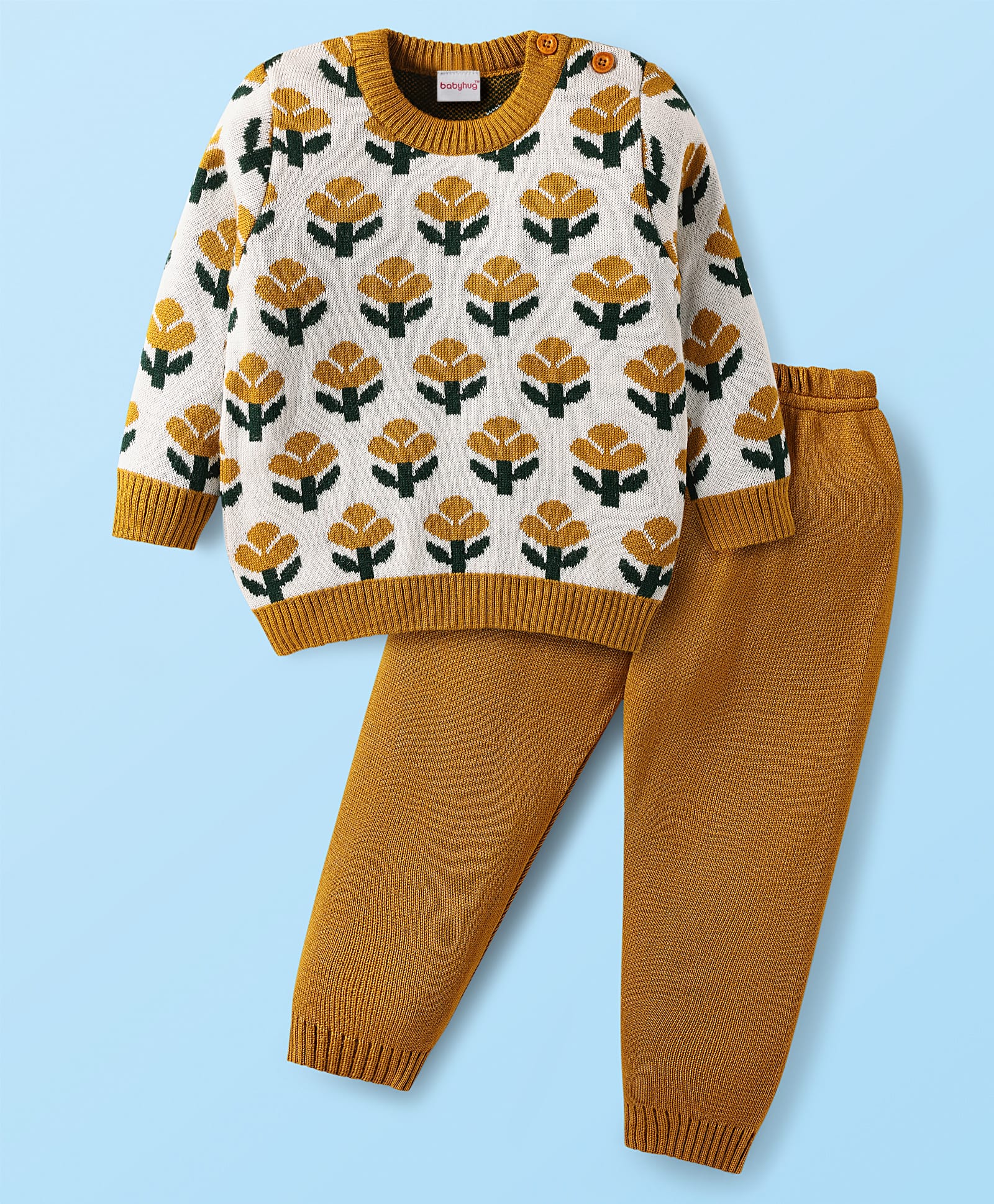 Babyhug Knitted Full Sleeves Pullover Sweater Set With Floral Design - Mustard-image-34