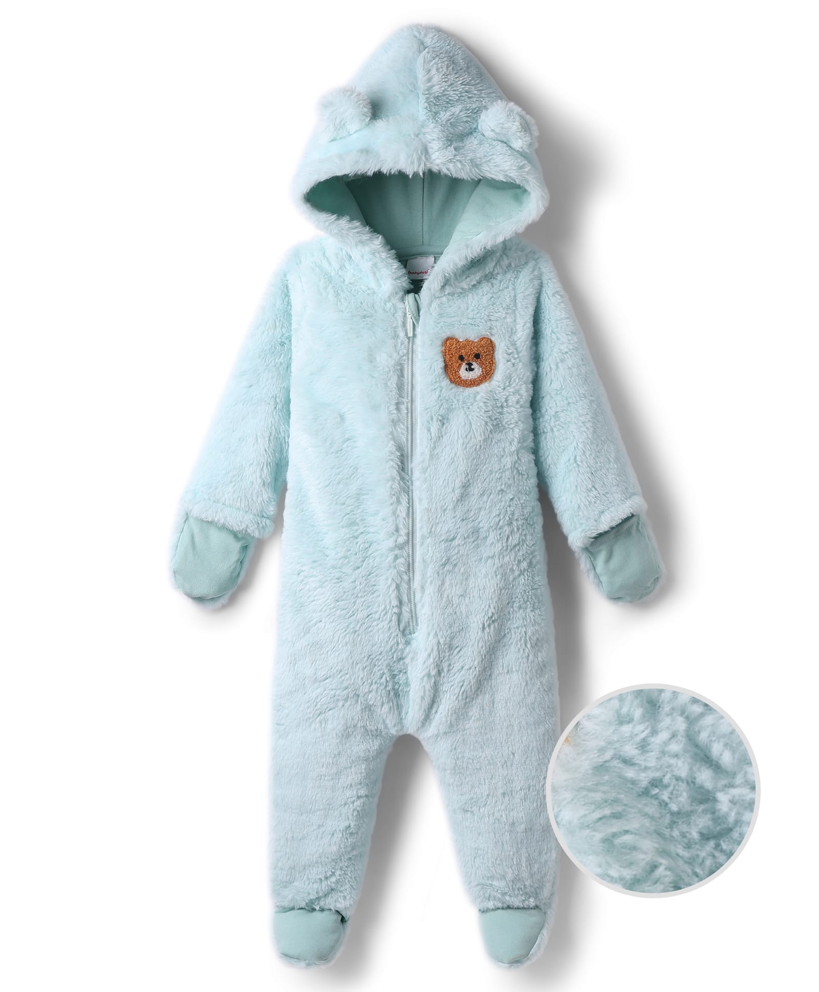 Babyhug Fur Knit Full Sleeves Front Open Winter Wear Footed Romper with Hoodie Bear Patch & Attached Mittens - Light Blue-image-49