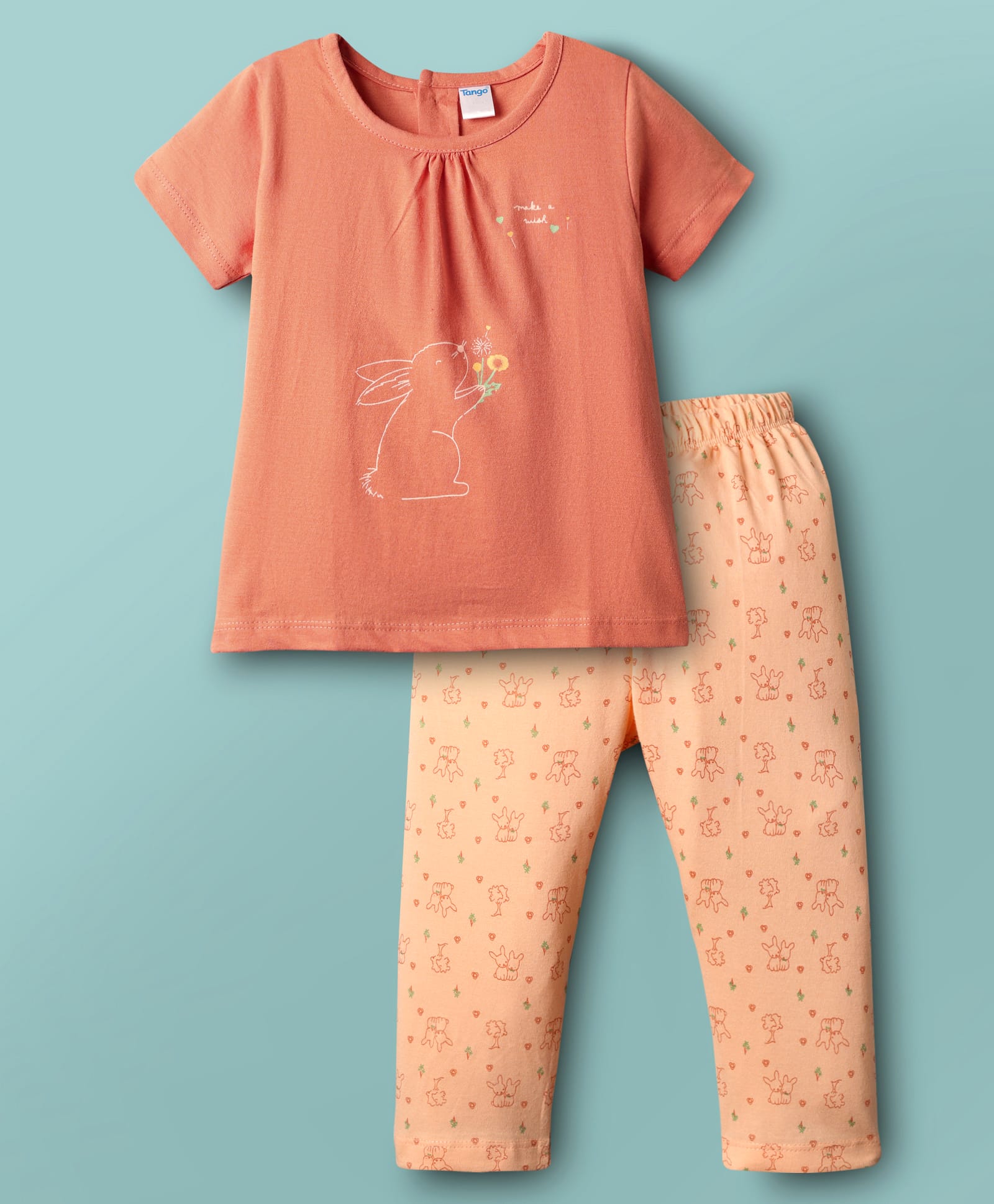 Tango Single Jersey Knit Half Sleeves Night Suit with Bunny Print - Orange-image-30