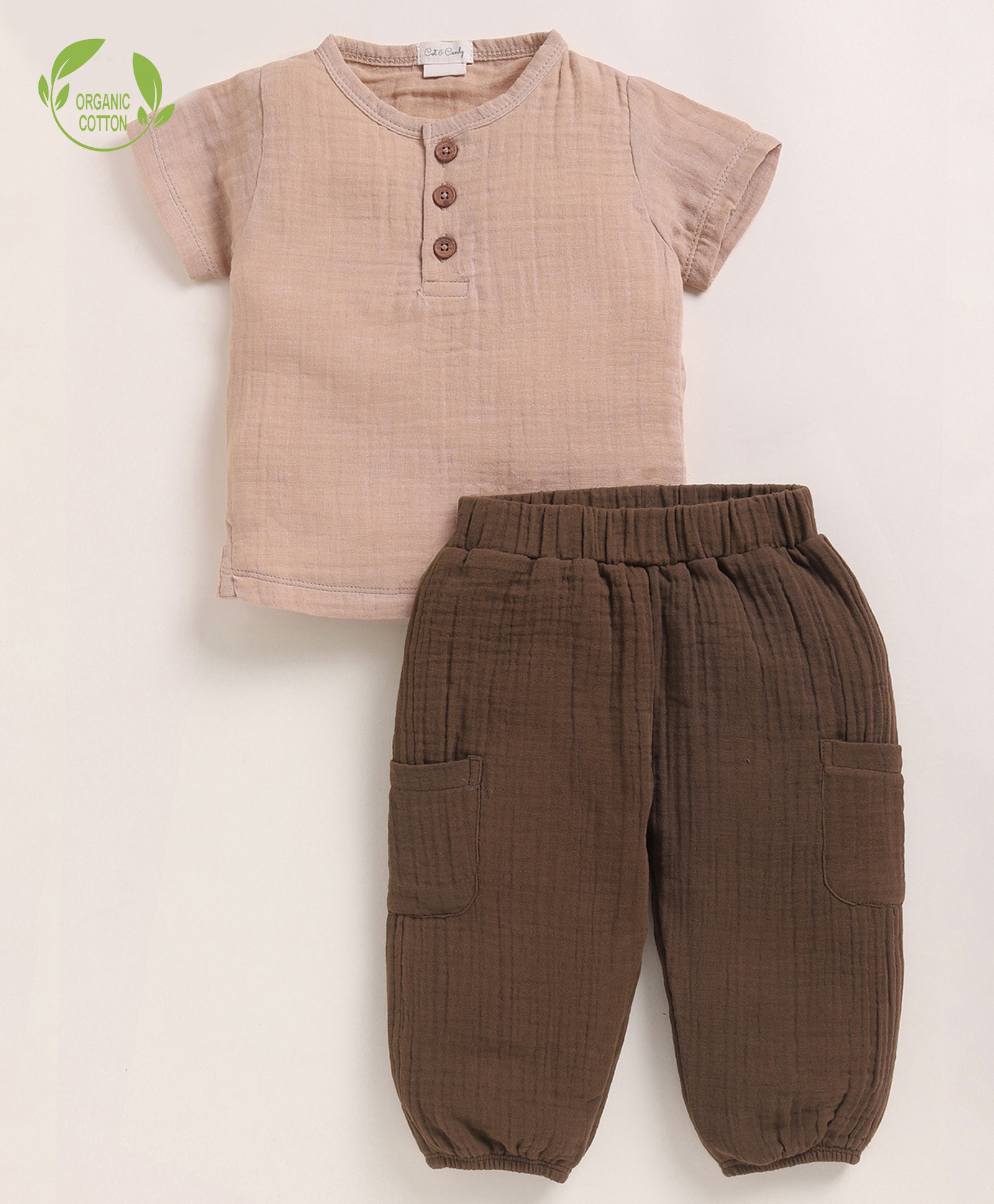 Cot & Candy Muslin Knit Half Sleeves Textured Tee & Pant Set - Cocoa Whisper & Oatmeal-picture-26
