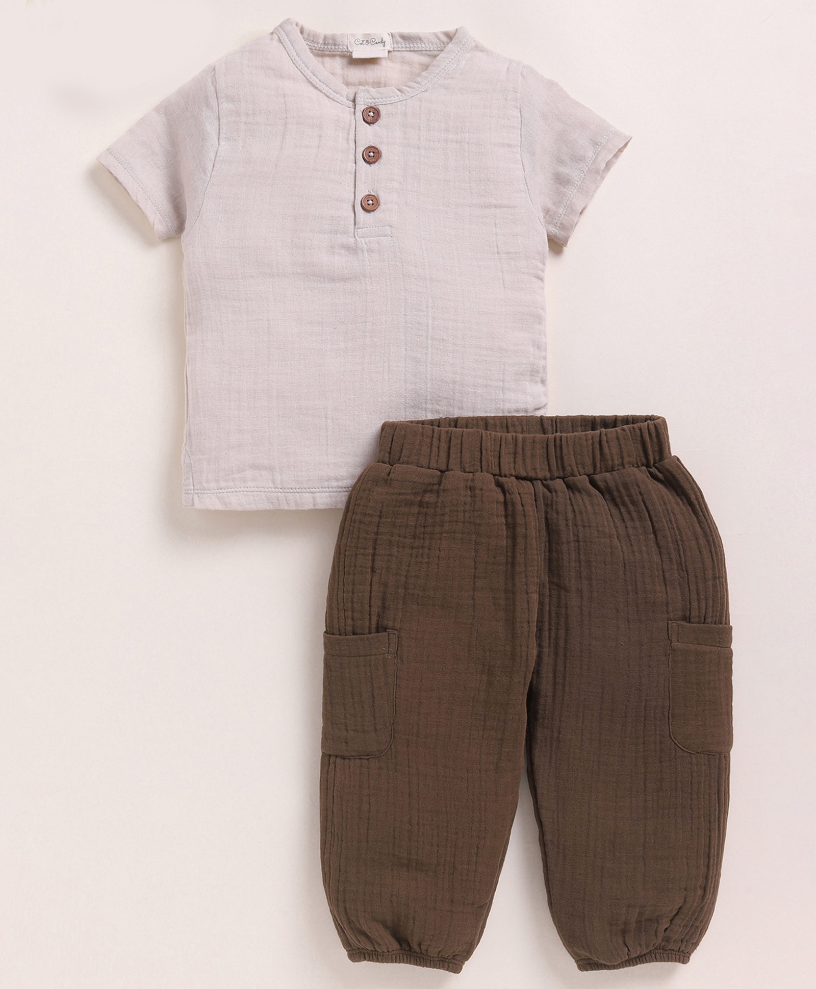 Cot & Candy Muslin Knit Half Sleeves Textured Tee & Pant Set - Cocoa Whisper & Oatmeal-picture-26