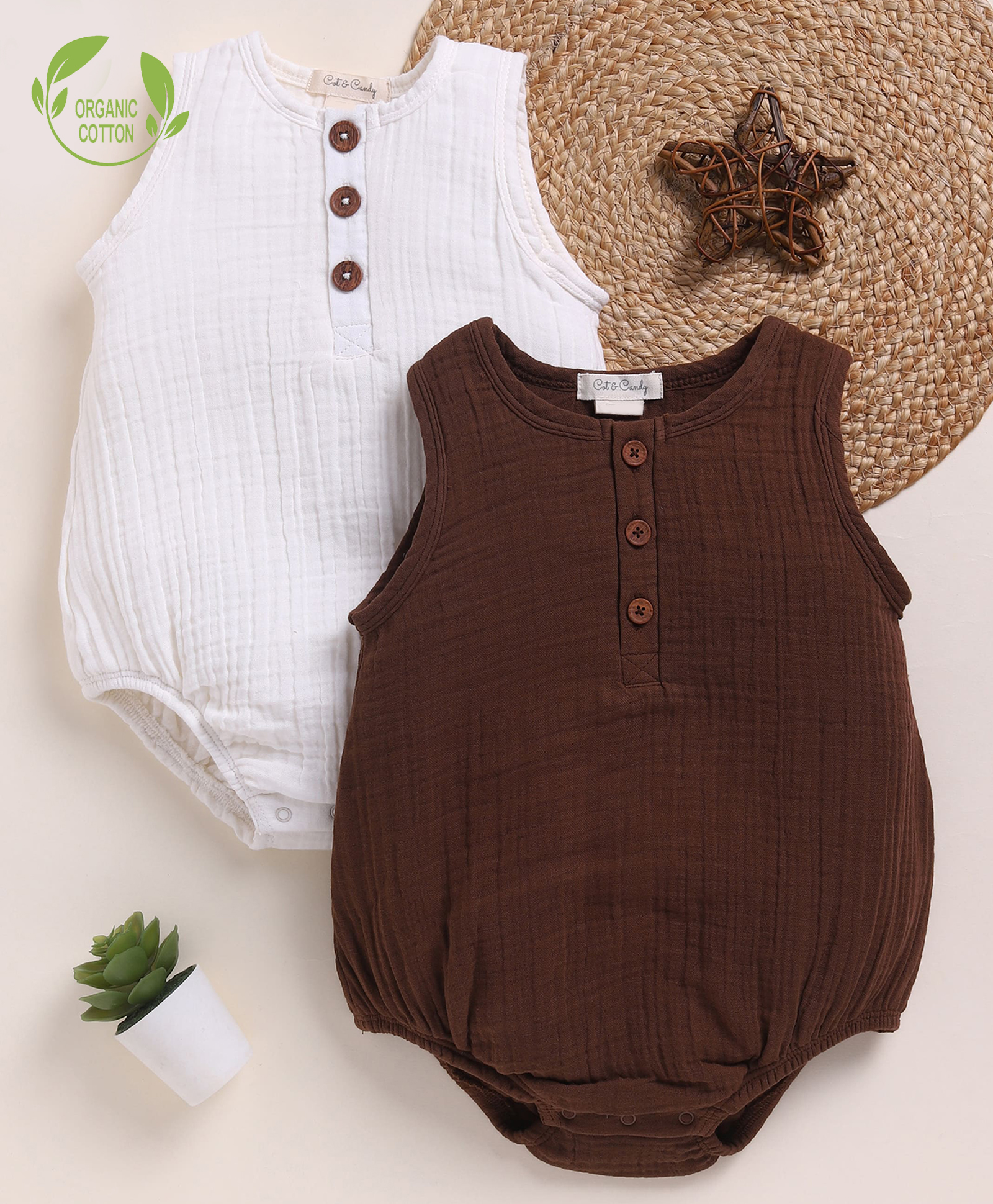 Cot & Candy Organic Cotton Muslin Knit Pack Of 2 Sleeveless Solid Onesies - Milk & Cocoa Whisper-picture-21