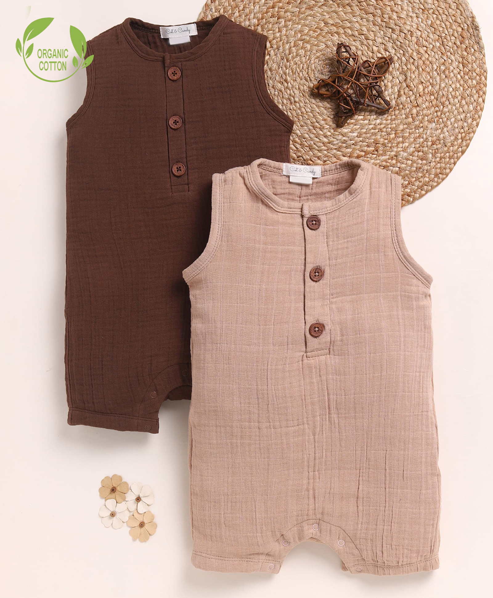 Cot & Candy Organic Cotton Muslin Knit Pack Of 2 Sleeveless Solid Rompers - Latte & Cocoa Whisper-picture-18