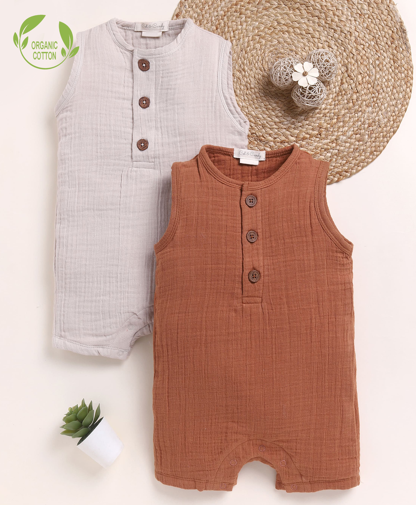 Cot & Candy Organic Cotton Muslin Knit Pack Of 2 Sleeveless Solid Rompers - Oatmeal & Ginger-picture-17