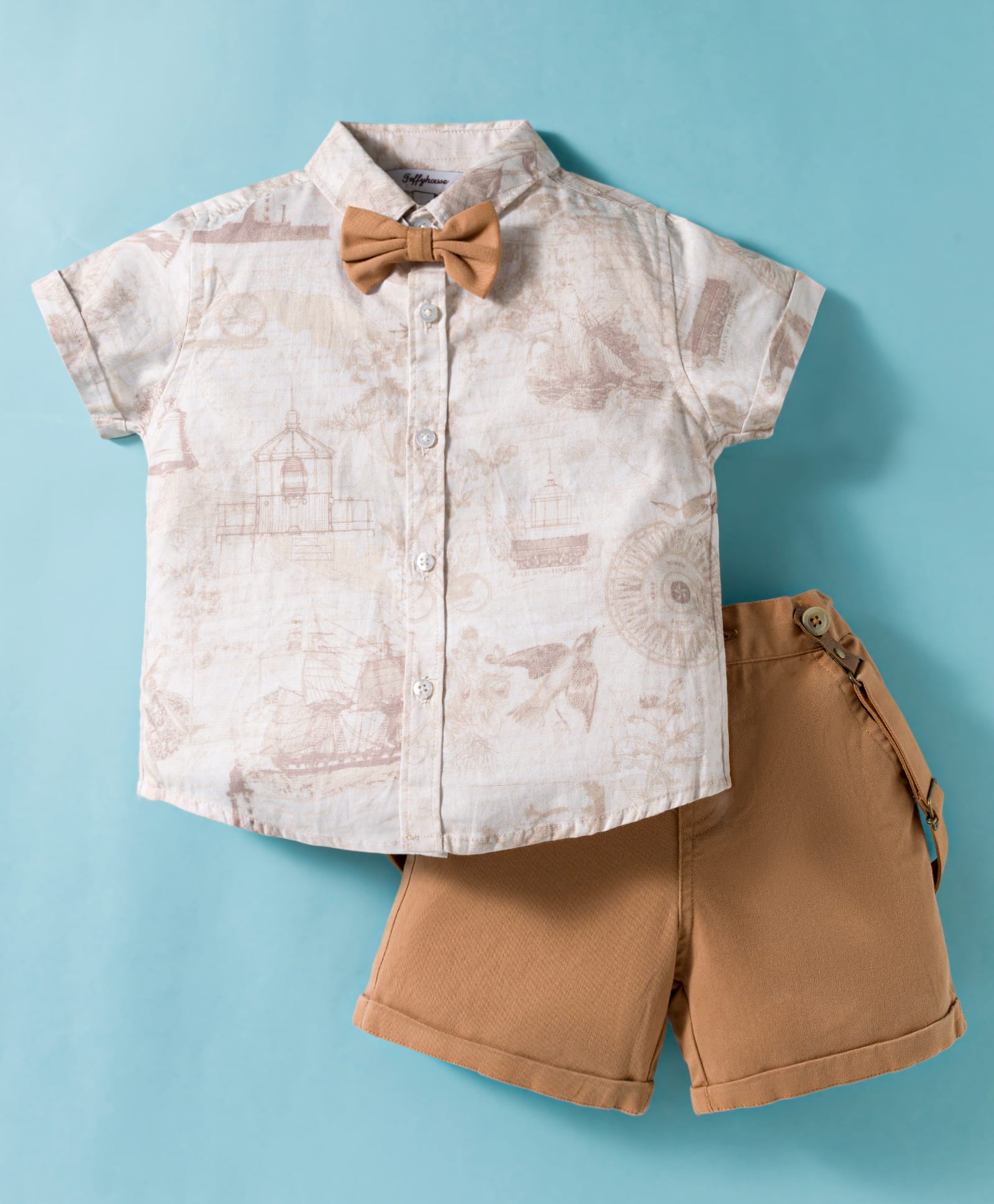 ToffyHouse Cotton Woven Half Sleeves Printed Shirt & Shorts Set with Bow & Suspender - White & Beige-picture-23