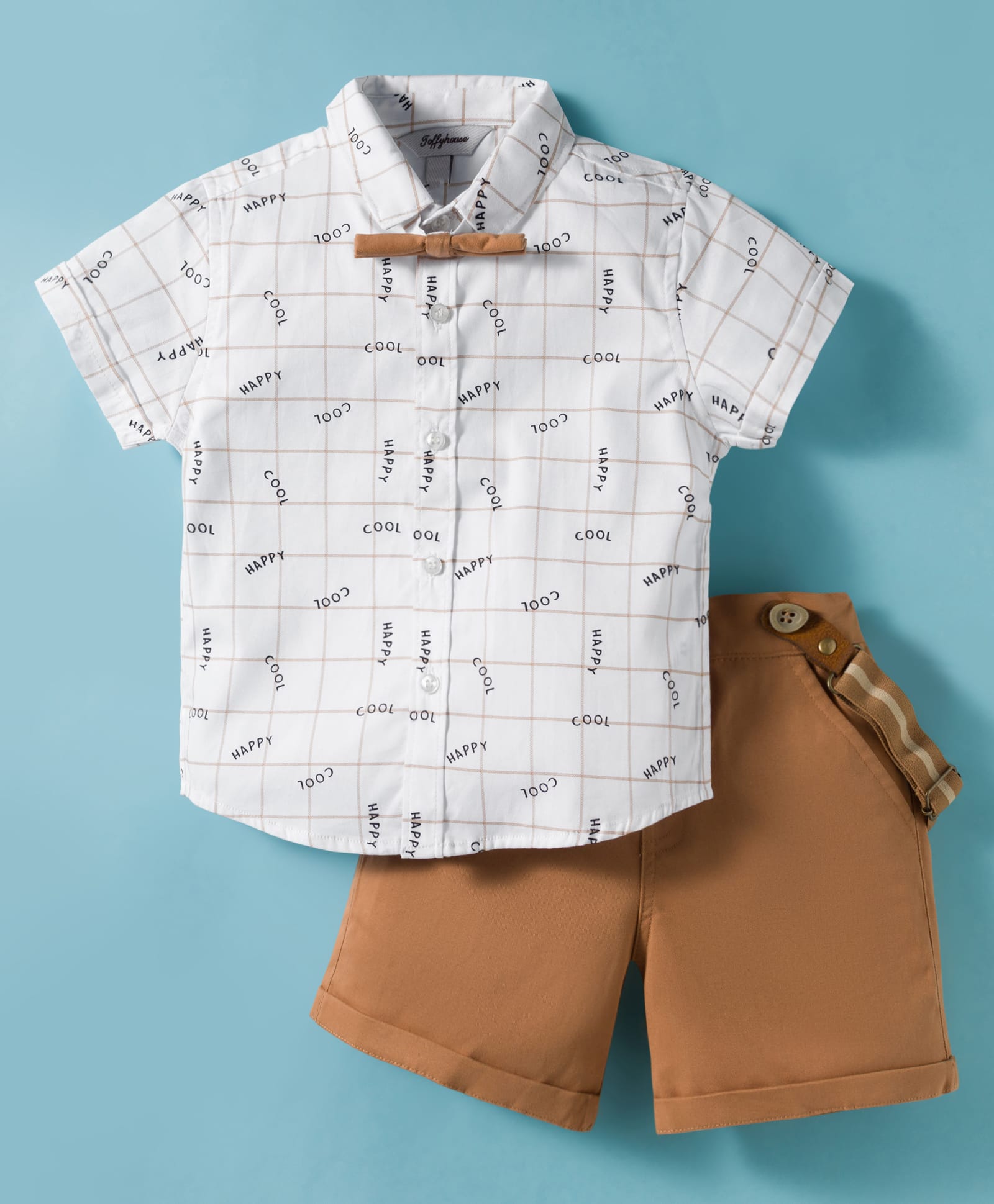 ToffyHouse Cotton Woven Half Sleeves Text Print Party Shirt & Short Set with Bow & Suspender - White & Brown-picture-15