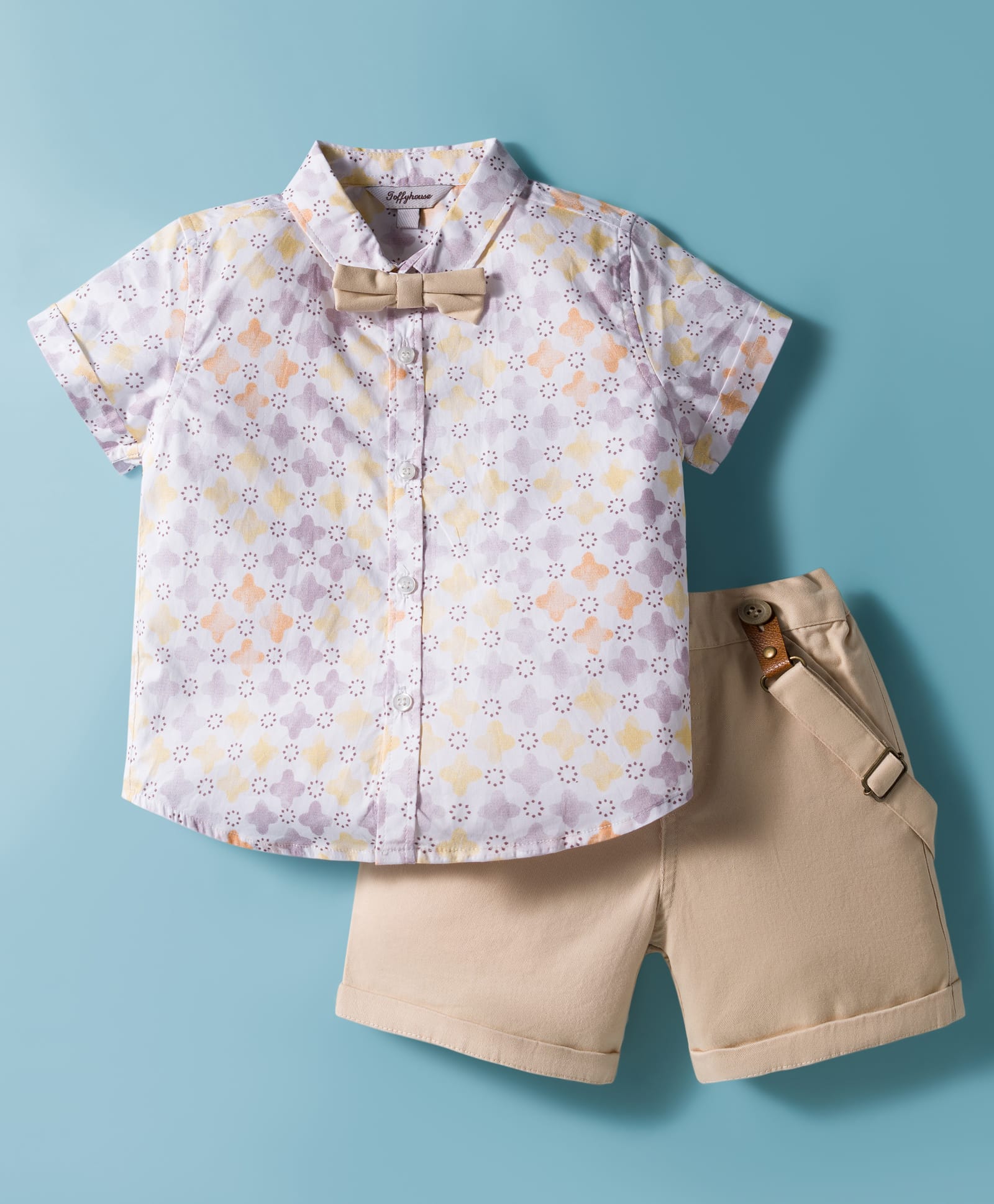 ToffyHouse Cotton Woven Half Sleeves Printed Shirt & Shorts Set with Bow & Suspender - White & Beige-picture-35