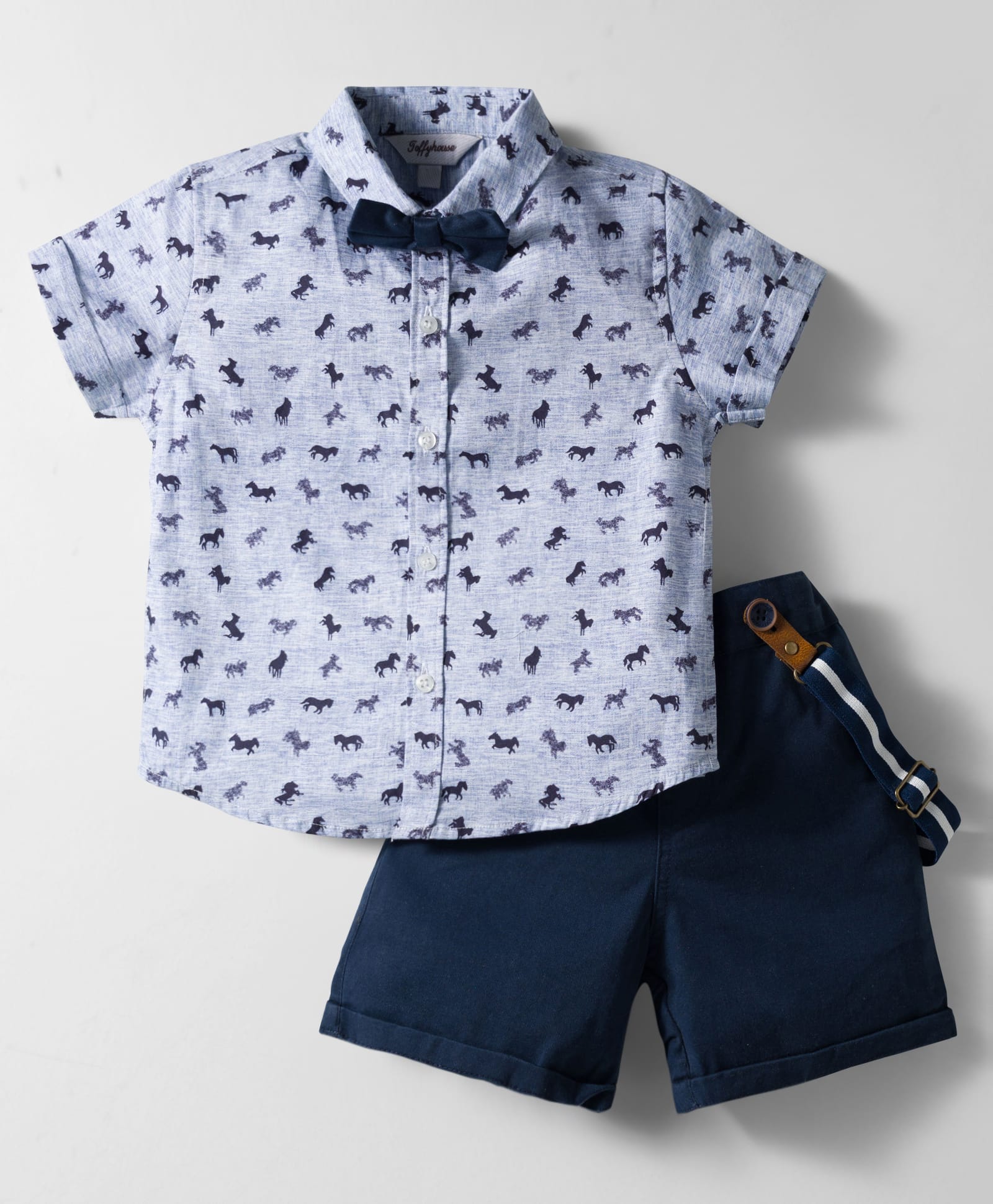 ToffyHouse Cotton Woven Half Sleeves Animal Print Party Shirt & Short Set with Bow & Suspender - Blue & Navy Blue-picture-39