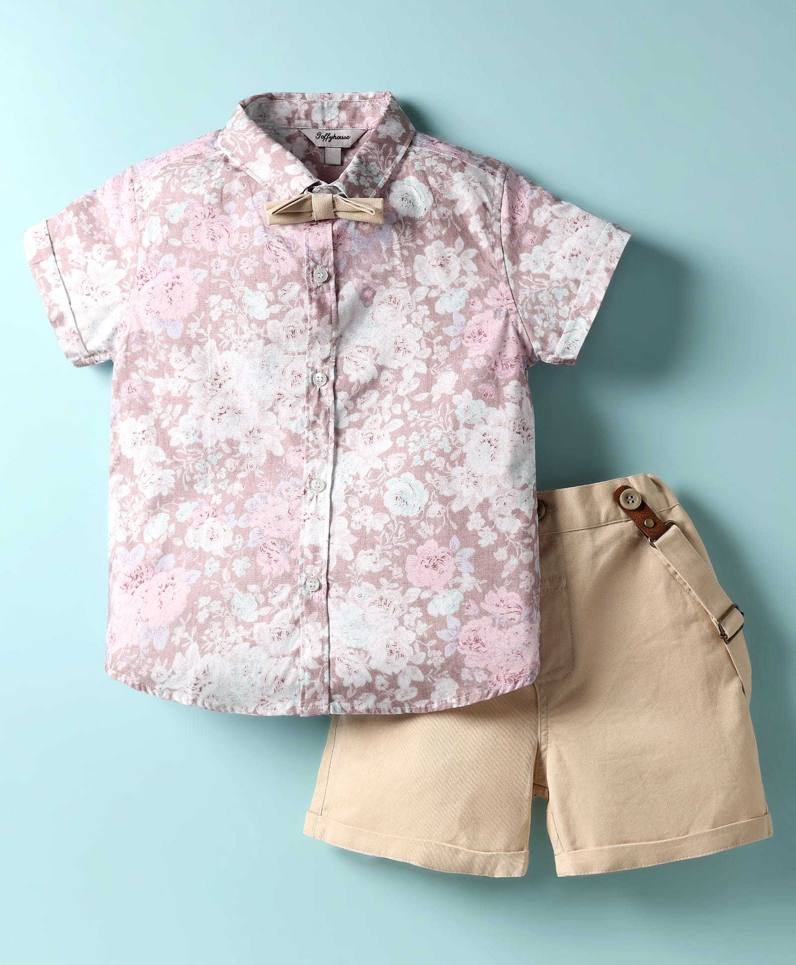 ToffyHouse Cotton Woven Half Sleeves Floral Printed Party Shirt & Shorts With Bow & Suspender - Pink-image-43