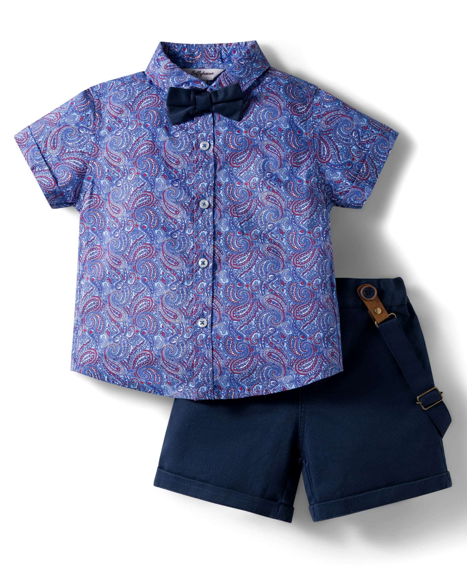 ToffyHouse Cotton Woven Half Sleeves Motif Printed Party Shirt & Shorts Set with Bow & Suspender - Navy Blue-picture-12