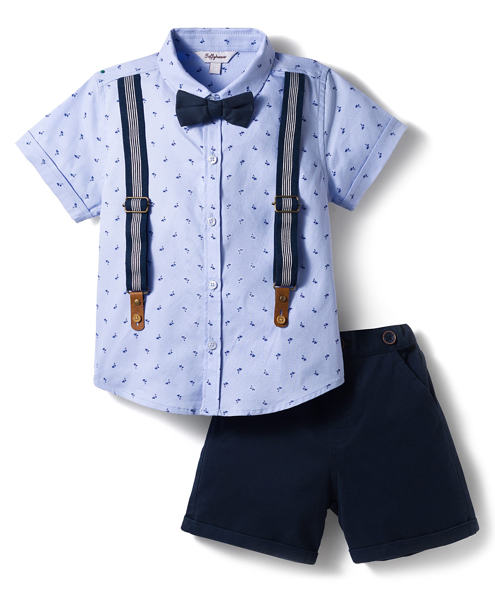 ToffyHouse Cotton Woven Half Sleeves Shirt & Shorts Set with Floral Print Attached Suspender & Bow - Light Blue & Navy Blue-picture-29