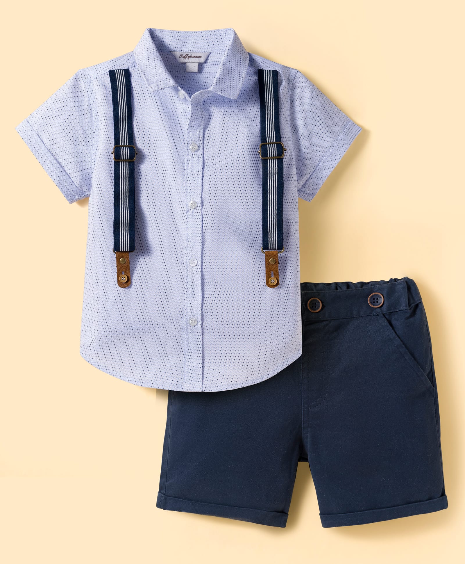 ToffyHouse Cotton Woven Half Sleeves Solid Party Shirt & Shorts Set With Attached Suspender & Bow - Navy Blue-image-16