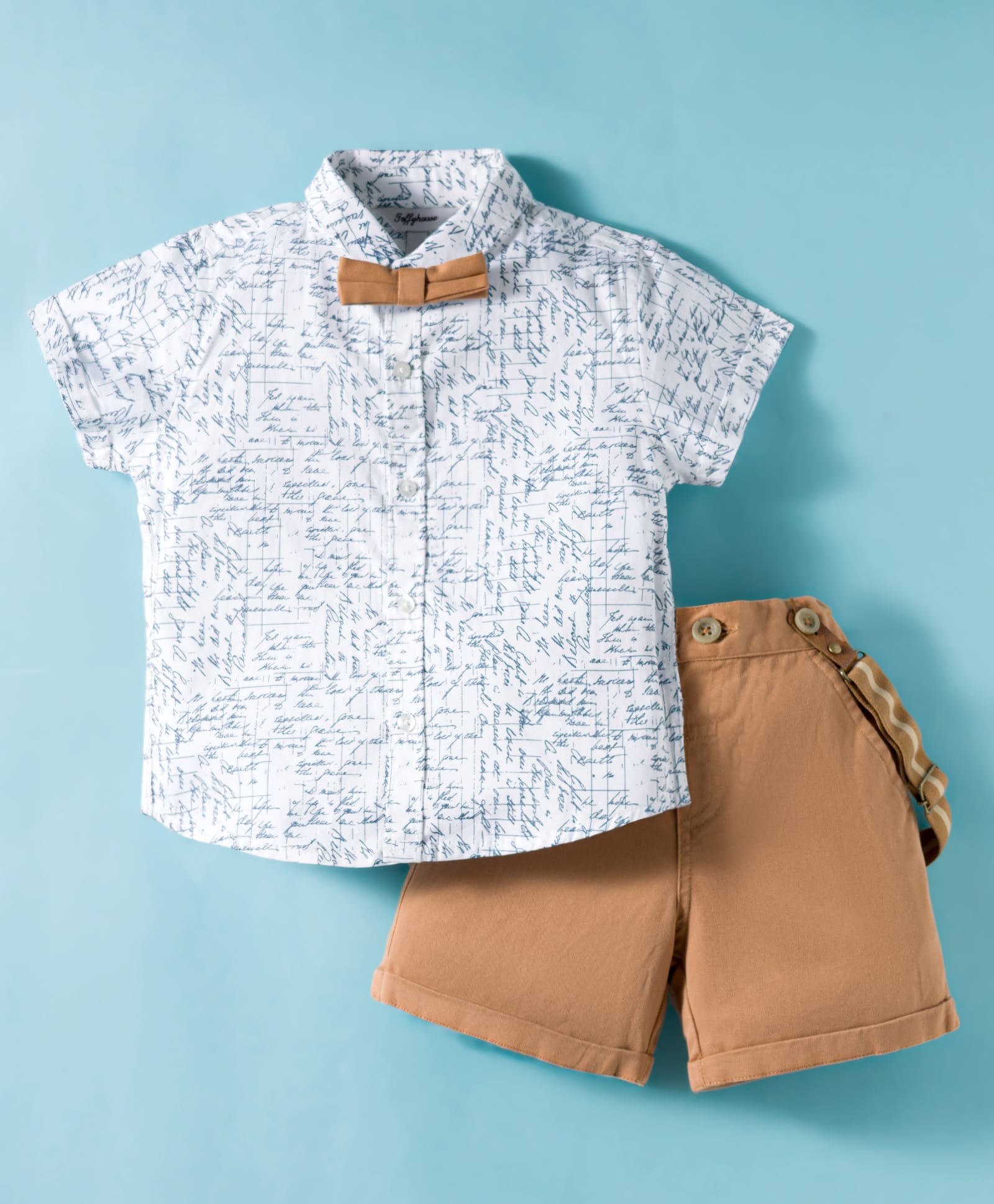 ToffyHouse Cotton Woven Half Sleeves Printed Shirt & Shorts Set with Bow & Suspender - White & Beige-picture-37