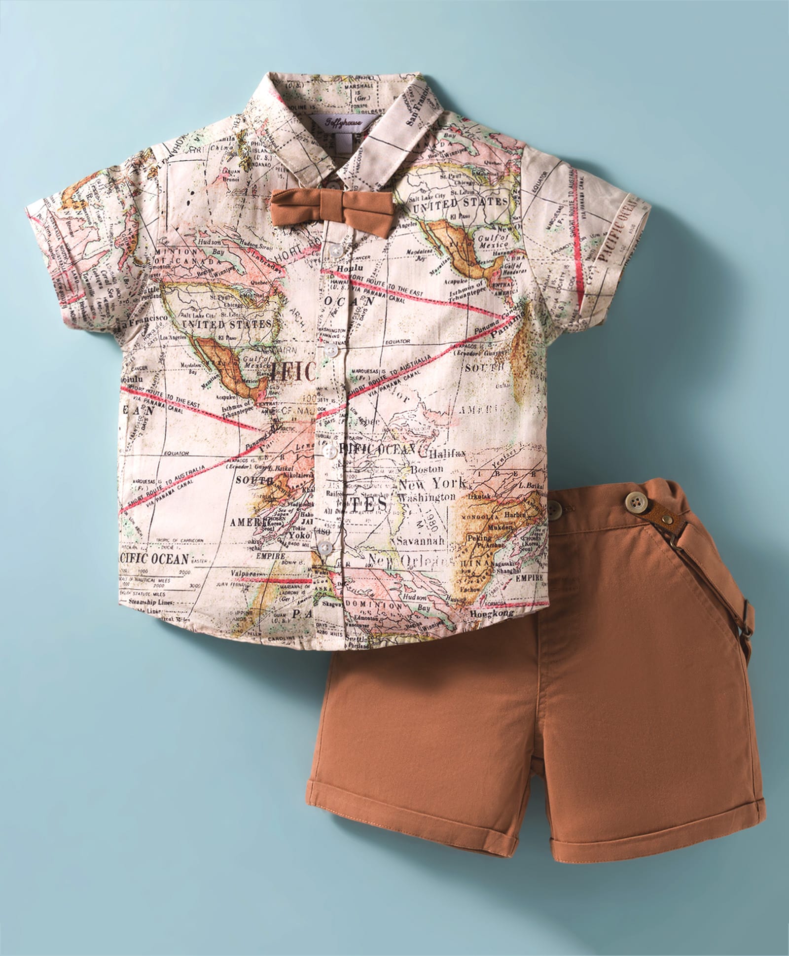 ToffyHouse Cotton Woven Half Sleeves Map Printed Party Shirt & Shorts Set with Bow & Suspender - Brown-picture-19