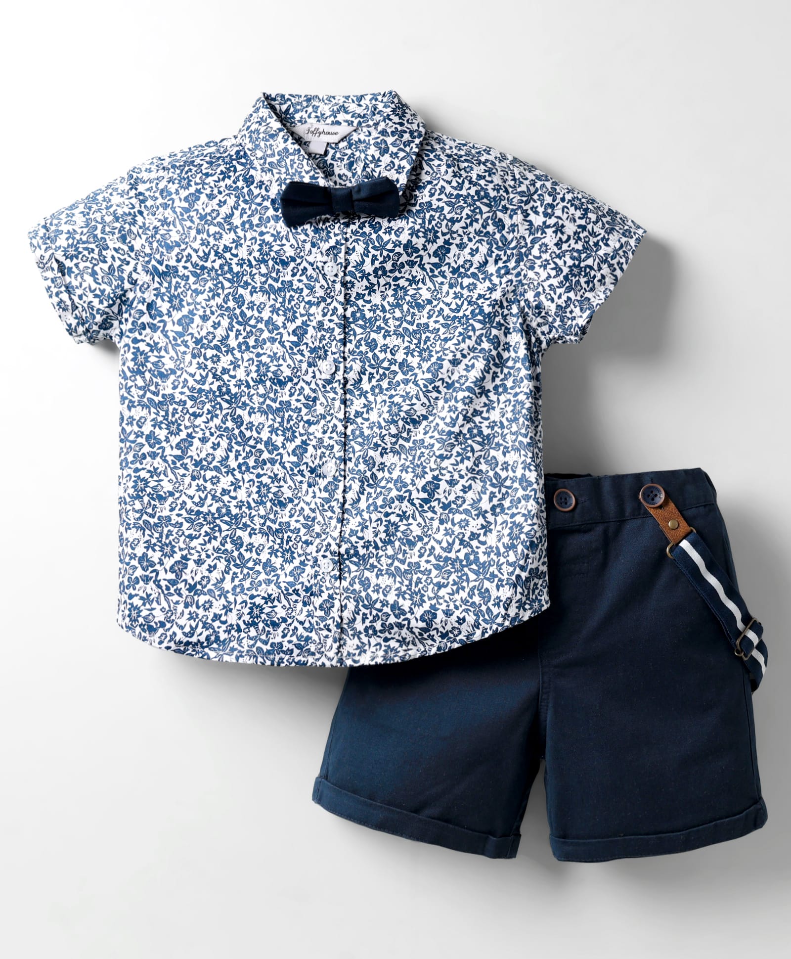 ToffyHouse Cotton Woven Half Sleeves Floral Printed Party Shirt & Shorts With Bow & Suspender - Navy Blue-picture-19