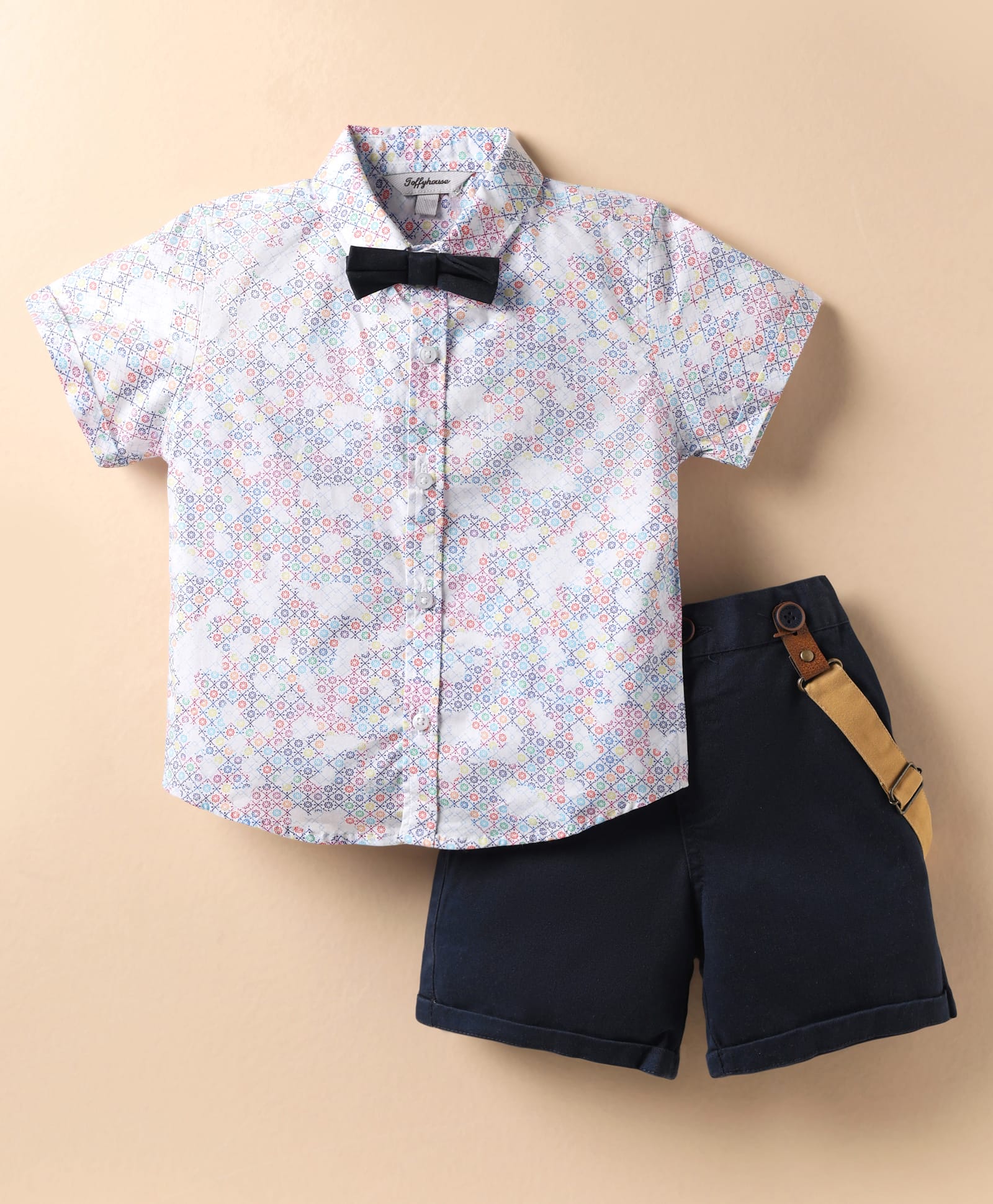 ToffyHouse Cotton Woven Half Sleeves Motif Printed Party Shirt & Shorts Set with Bow & Suspender - Navy Blue-picture-41