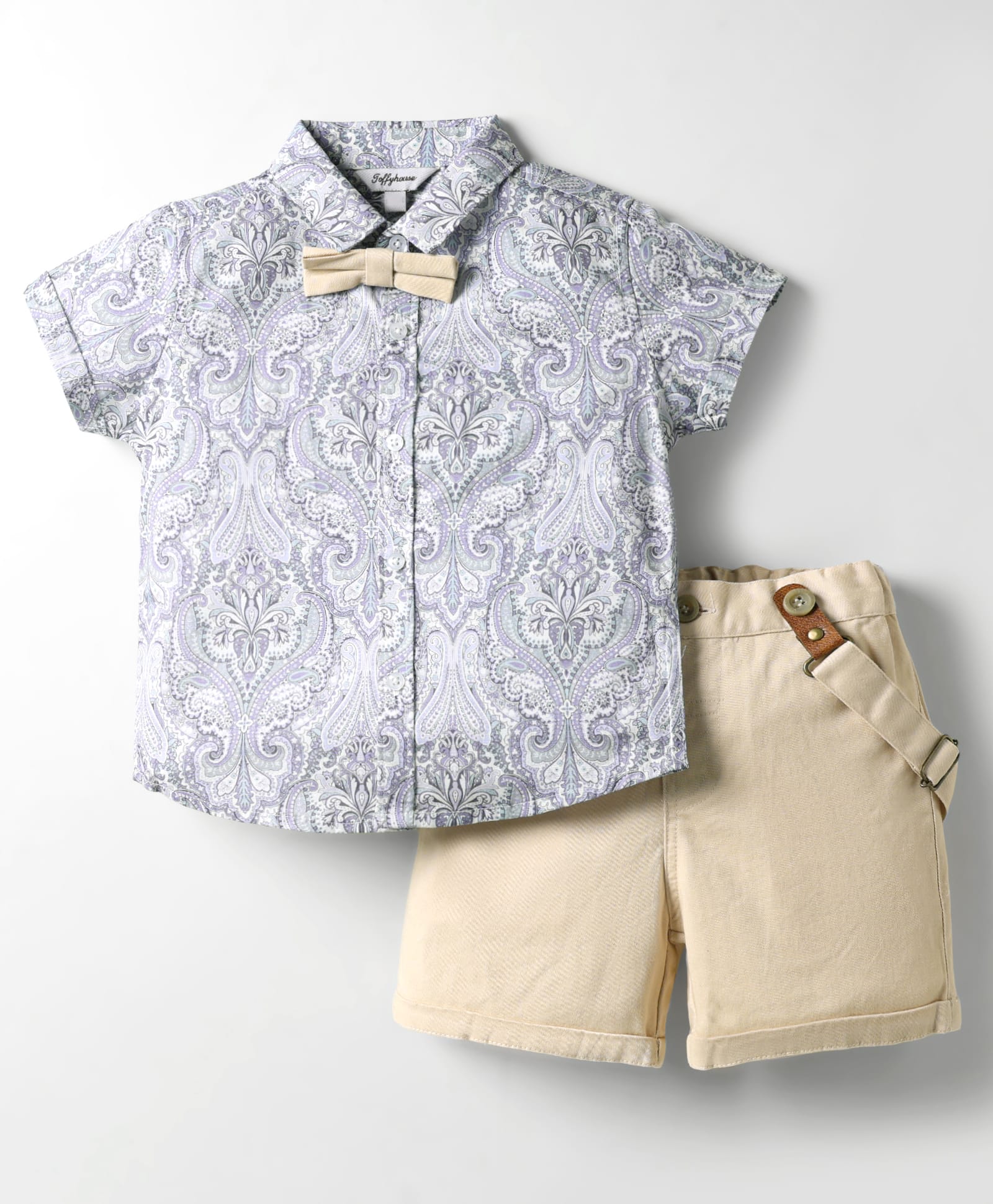 ToffyHouse Cotton Woven Half Sleeves Printed Party Shirt & Shorts With Bow & Suspender - Blue & Beige-image-30
