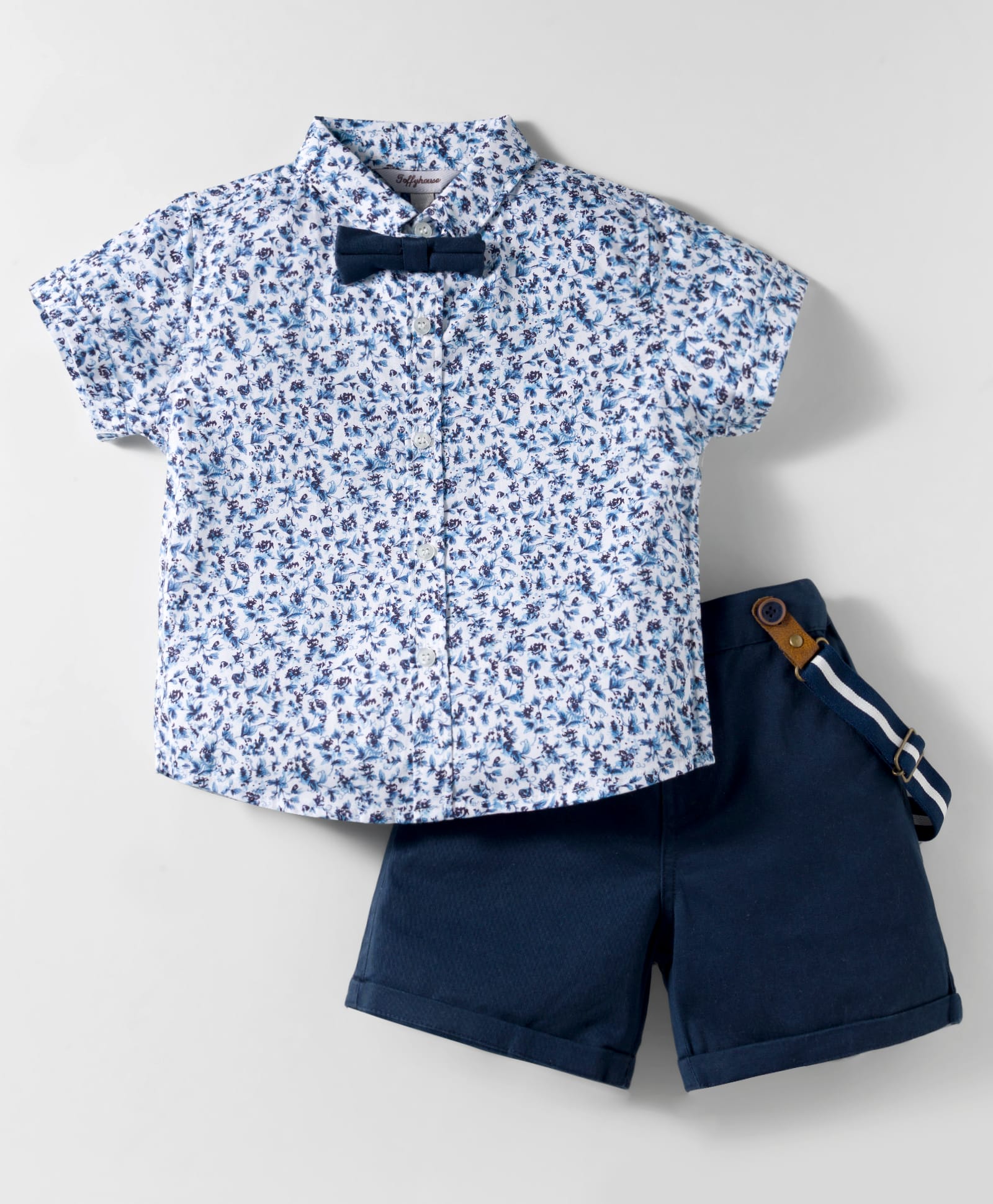 ToffyHouse Cotton Woven Half Sleeves Floral Printed Party Shirts & Shorts Set with Bow & Suspender - Navy Blue-picture-13
