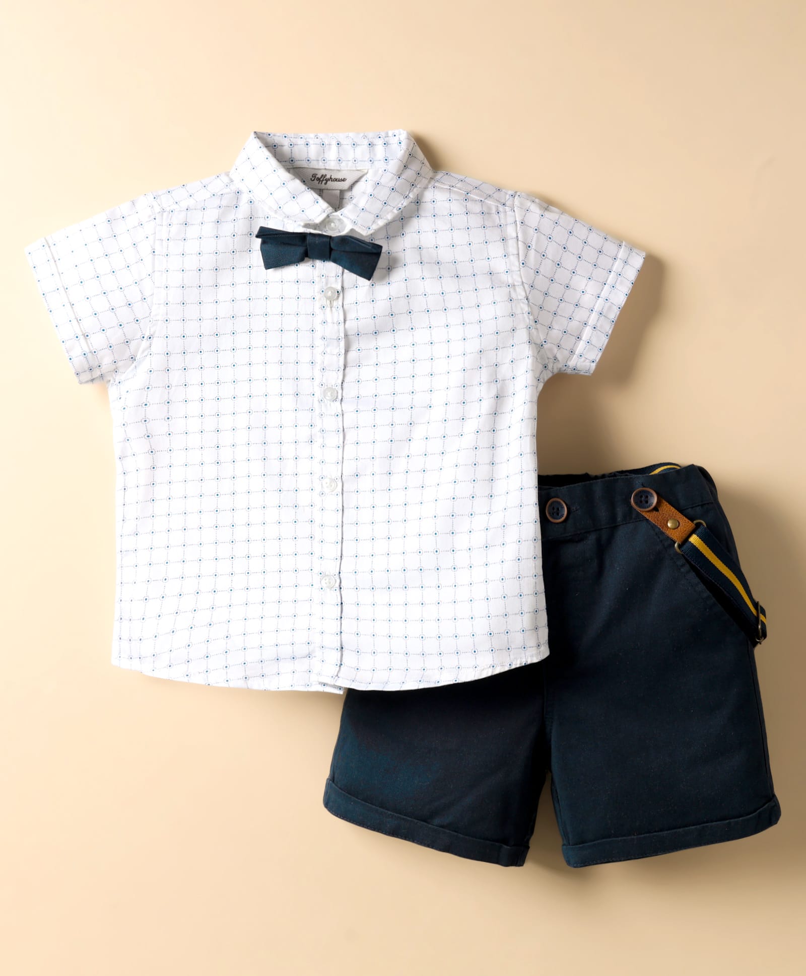 ToffyHouse Cotton Woven Half Sleeves Checks Party Shirt & Shorts With Bow & Suspender - Navy Blue & White-image-28