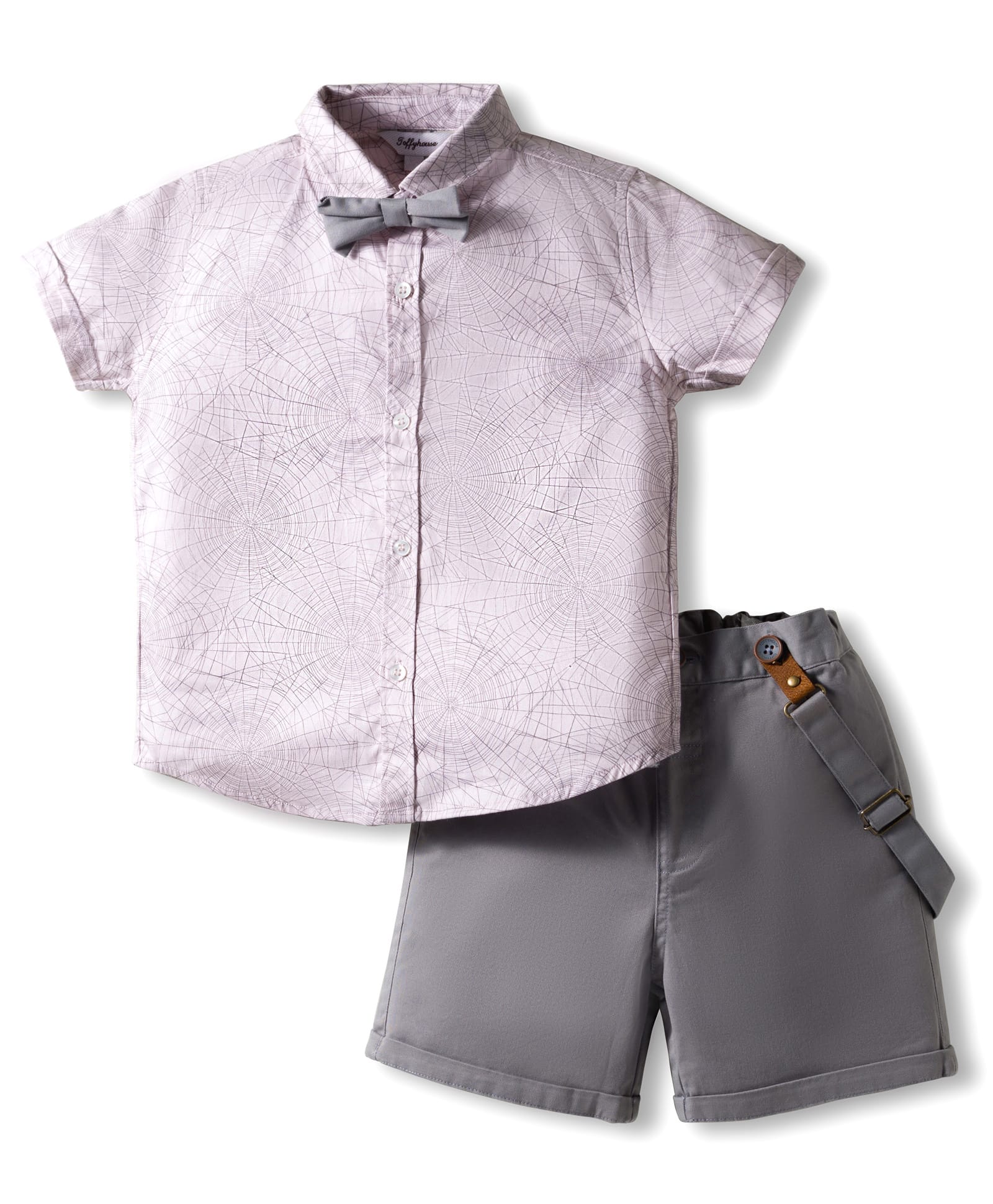 ToffyHouse Cotton Woven Printed Party Shirt & Short Set with Bow & Suspender - Gray-picture-13