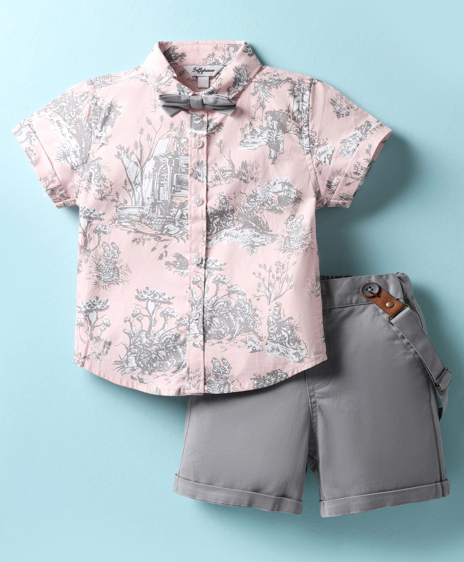 ToffyHouse Cotton Woven Half Sleeves Jungle Theme Printed Party Shirt & Shorts Set with Bow & Suspender - Grey-image-45