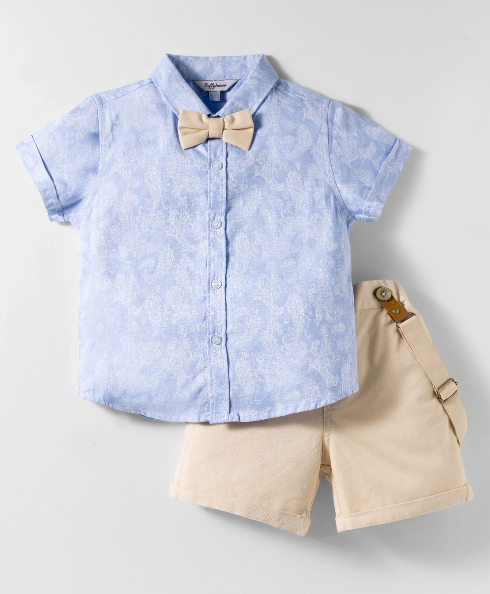 ToffyHouse Cotton Woven Half Sleeves Printed Shirt & Shorts Set with Bow & Suspender - Light Blue & Beige-picture-36