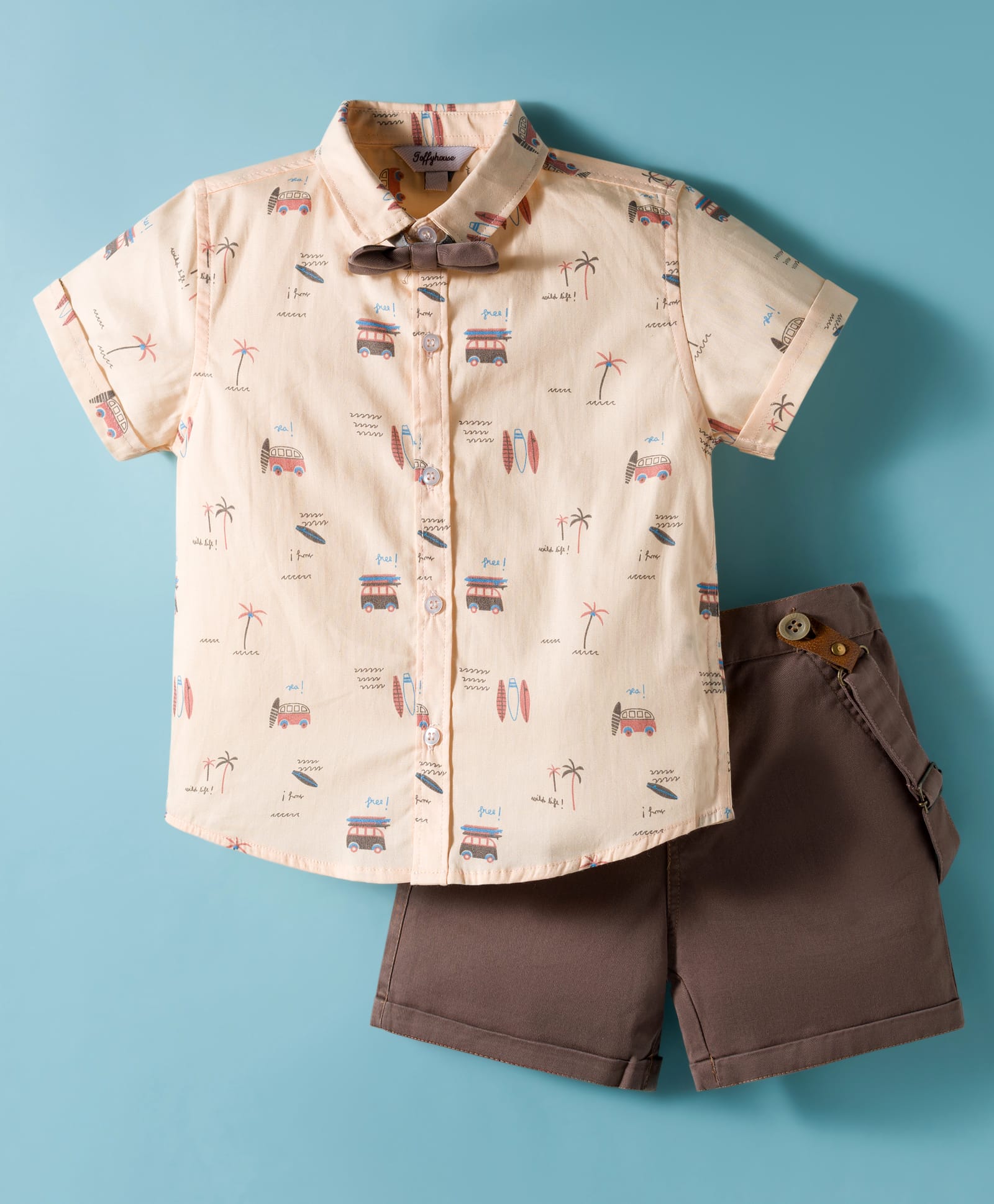 ToffyHouse Cotton Woven Half Sleeves Shirt & Shorts Set with Bow Suspender & Beach Theme Print - Brown & Cream-picture-6