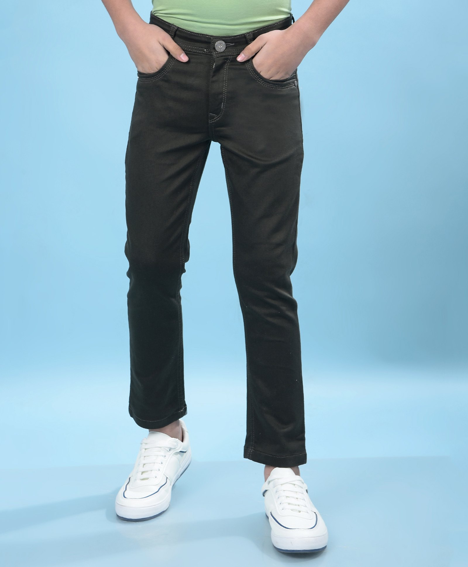 CRIMSOUNE CLUB Cotton Woven Solid Jeans - Olive Green-picture-25