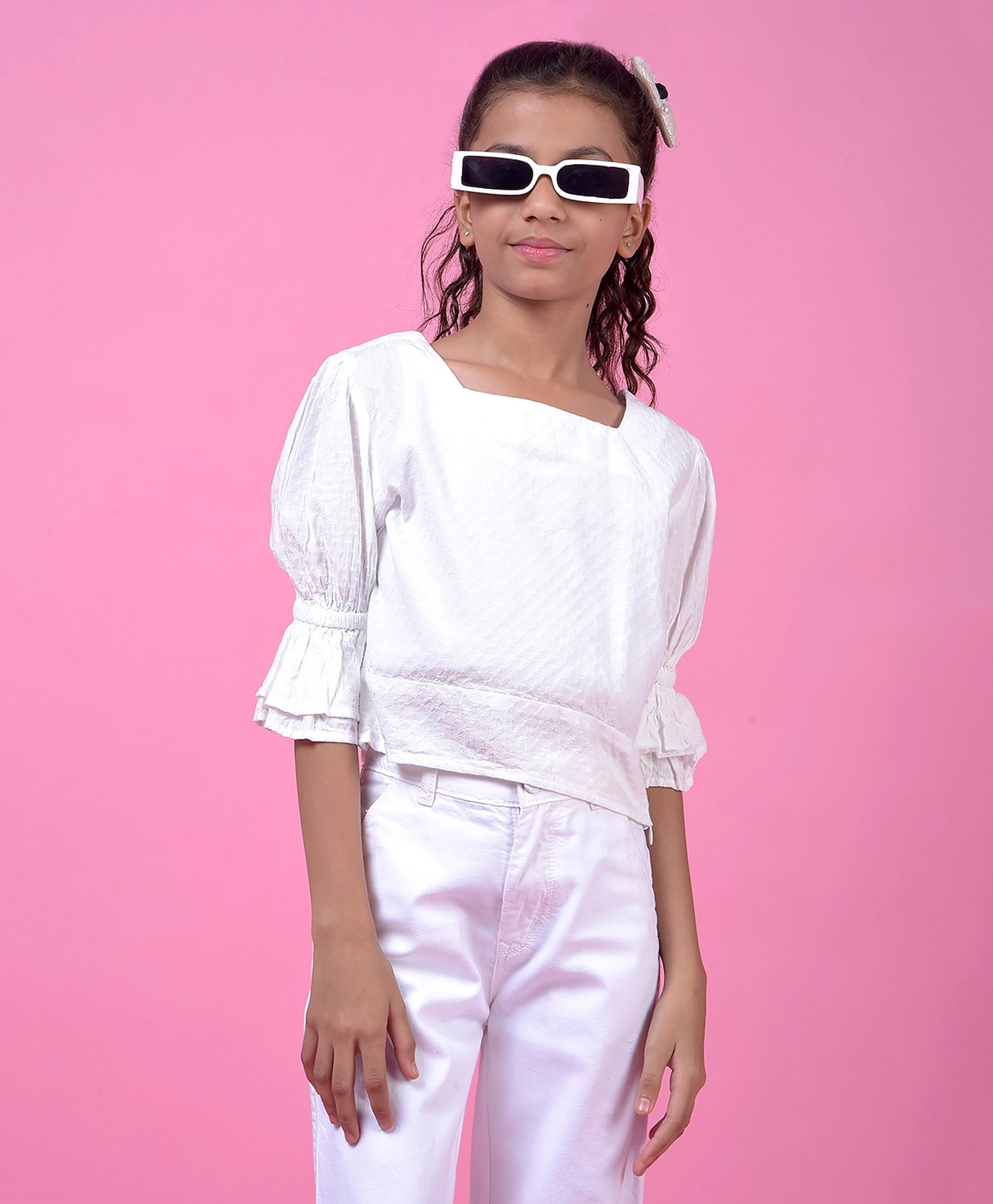 CRIMSOUNE CLUB Cotton Woven Half Bell Sleeves Self Design Top - White-picture-24