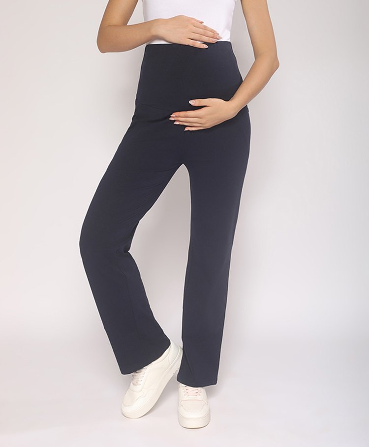 MomToBe Cotton Knitted Solid Maternity Track Pants- Navy Blue