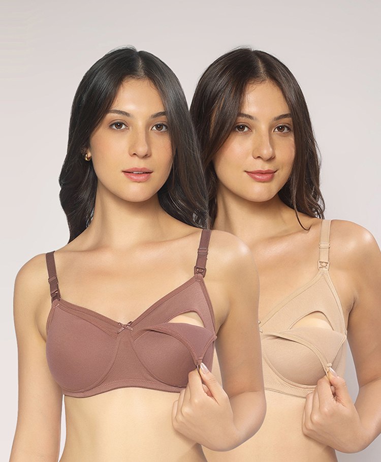 MomToBe Cotton Knit Pack Of 2 Solid Maternity Bras With Nursing Access - Brown & Skin