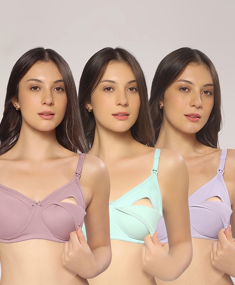 MomToBe Cotton Knit Pack Of 3 Solid Maternity Bras With Nursing Access - Lavender Aqua Blue & Purple