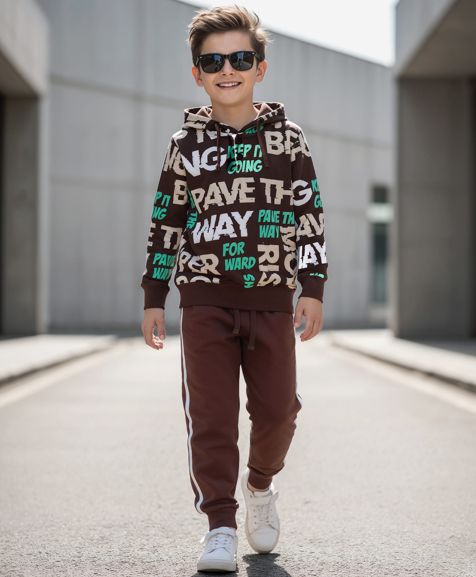 OLLINGTON ST. Cotton Knit Full Sleeves Text Printed Hoodie Sweatshirts & Joggers Set -Multicolor & Brown-image-41