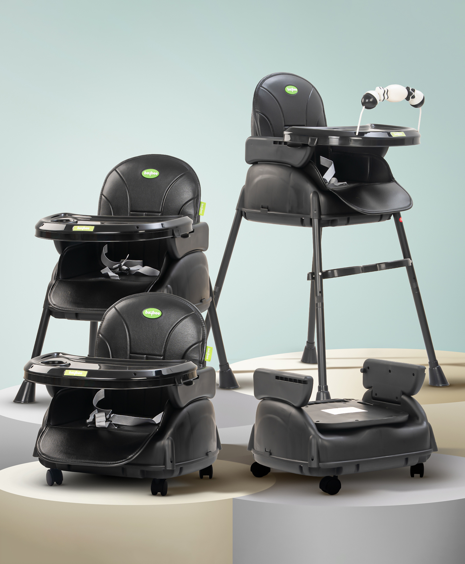 Baybee 4-in-1 Convertible High Chair for Kids | Adjustable Height & Footrest, Feeding Booster Seat with Tray, Wheels & Safety Belt (Nora Black)-image-11
