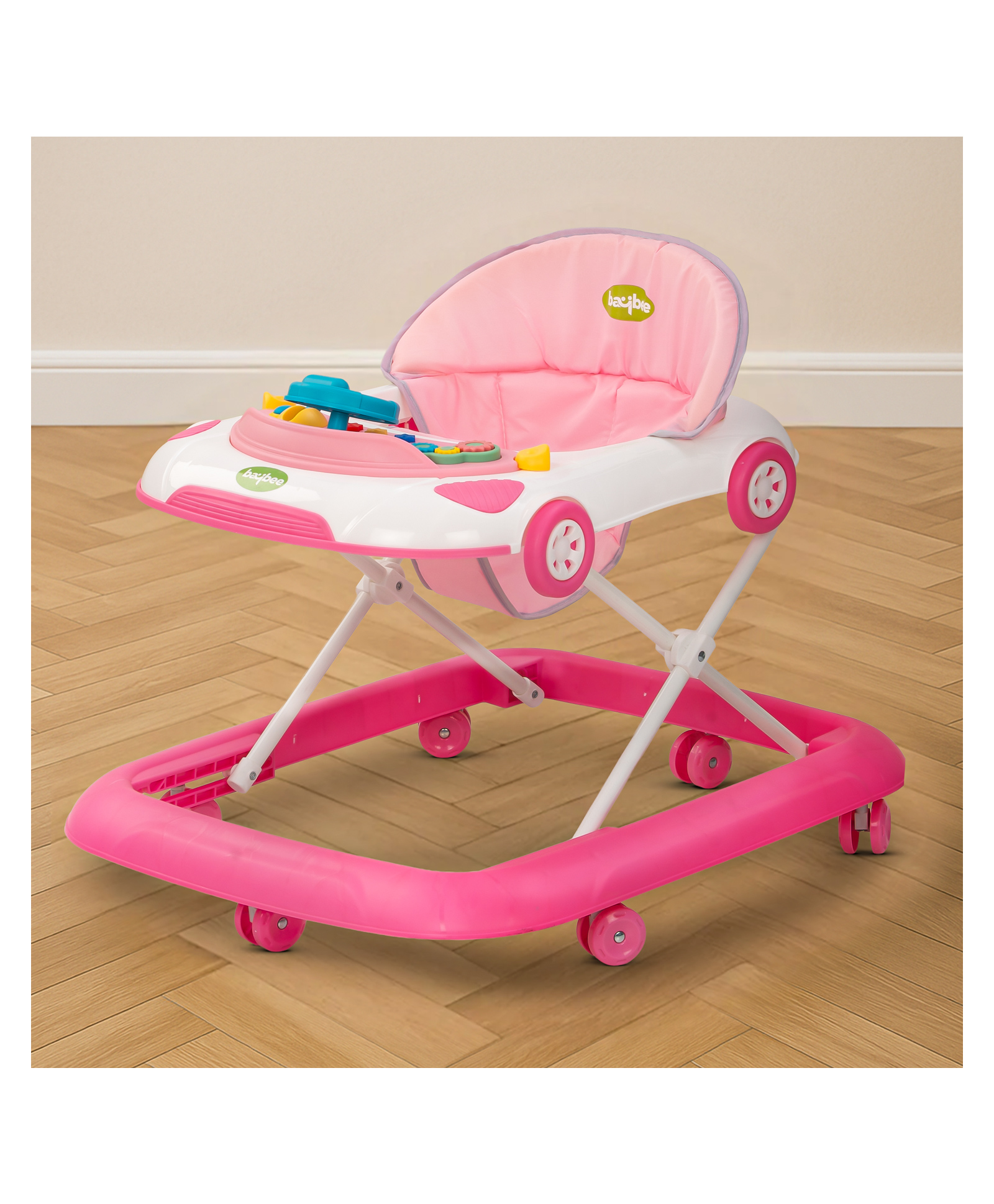 Baybee Walknest Baby Walker for 6-18 Month Baby Boy Girl | Push Walker Height Adjustable | Activity Kids Walker with Musical Toy Bar (Pink/White)-image-6