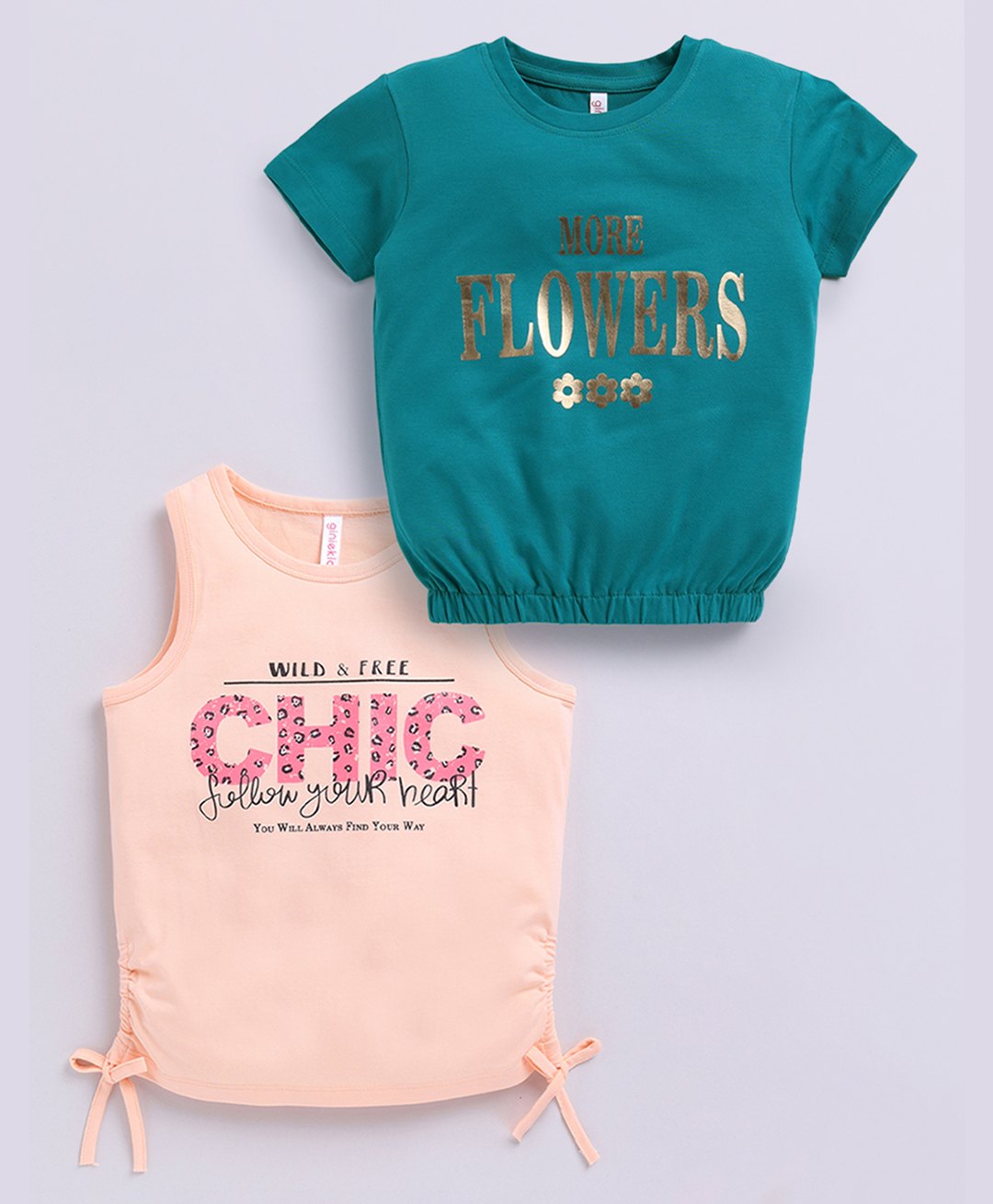 giniekids Cotton Knit Pack Of 2 Half Sleeves Typography & Floral Printed Tops - Green & Peach-picture-26