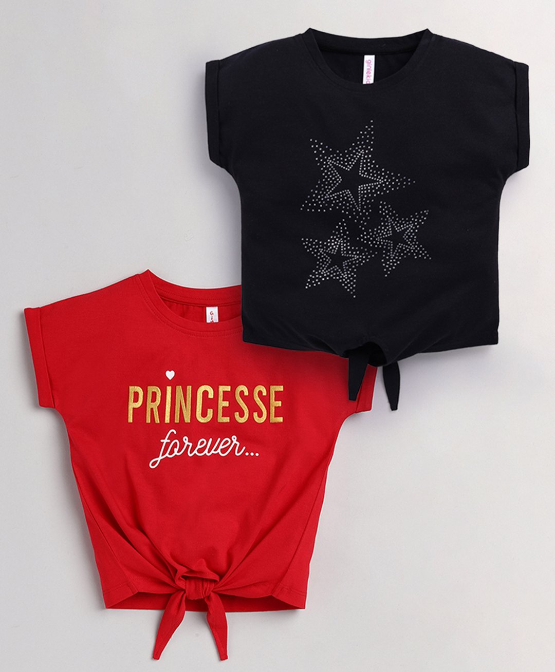 giniekids Cotton Knit Pack Of 2 Half Sleeves Princesse Text & Beads Embellished Stars Designed Tops - Red & Black-picture-34