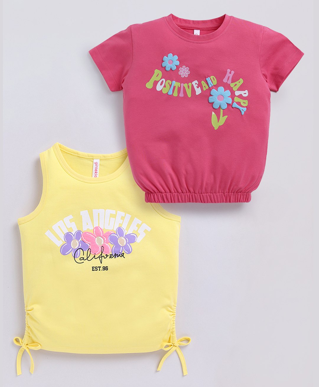 giniekids Cotton Knit Pack Of 2 Half Sleeves Typography & Floral Puff Printed Tops - Pink & Yellow-image-45