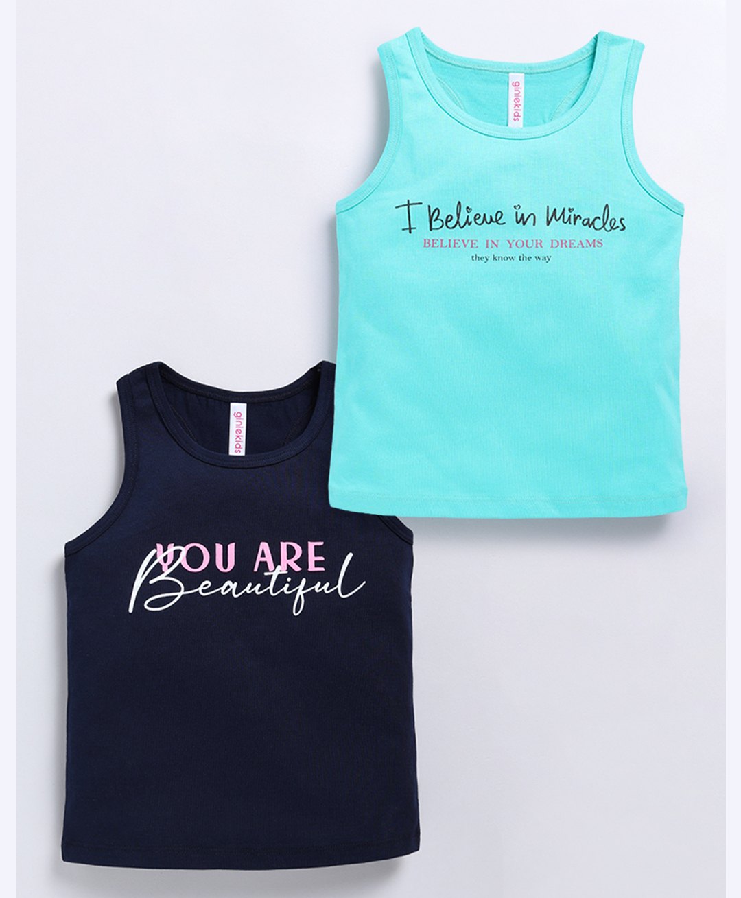 giniekids Cotton Knit Pack Of 2 Sleeveless Typography Printed Tops - Mint & Navy Blue-picture-13